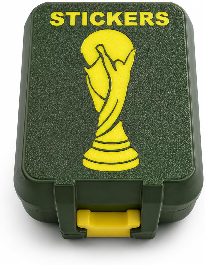 Sticker Storage Case, Compact Organizer Box for Trading Cards & Stickers, Soccer Trophy Design, Green and Yellow