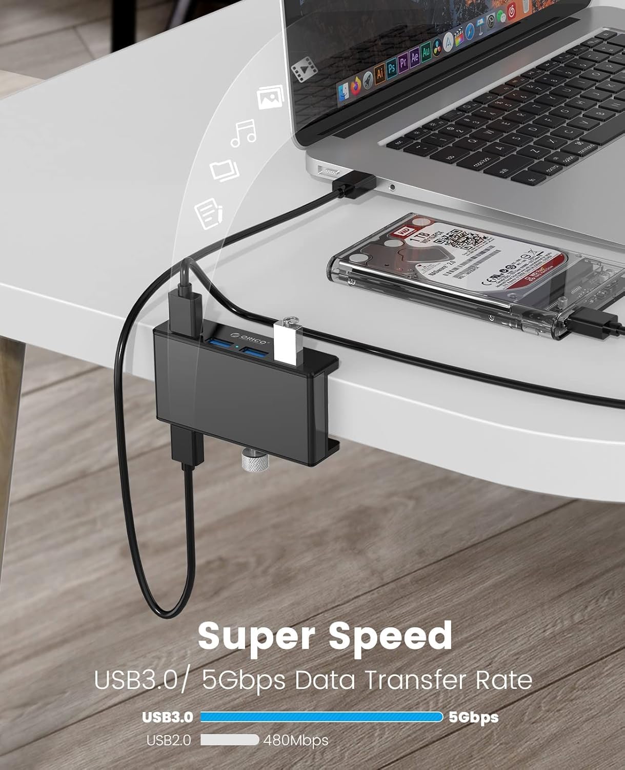 ORICO Hub USB 3.0, zacisk koncentratora USB, aluminiowy 4-portowy rozdzielacz USB z kablem do transmisji danych USB 4,92 FT, zasilany biurkiem koncentrator USB do monitorów/biurka, czarny (bez