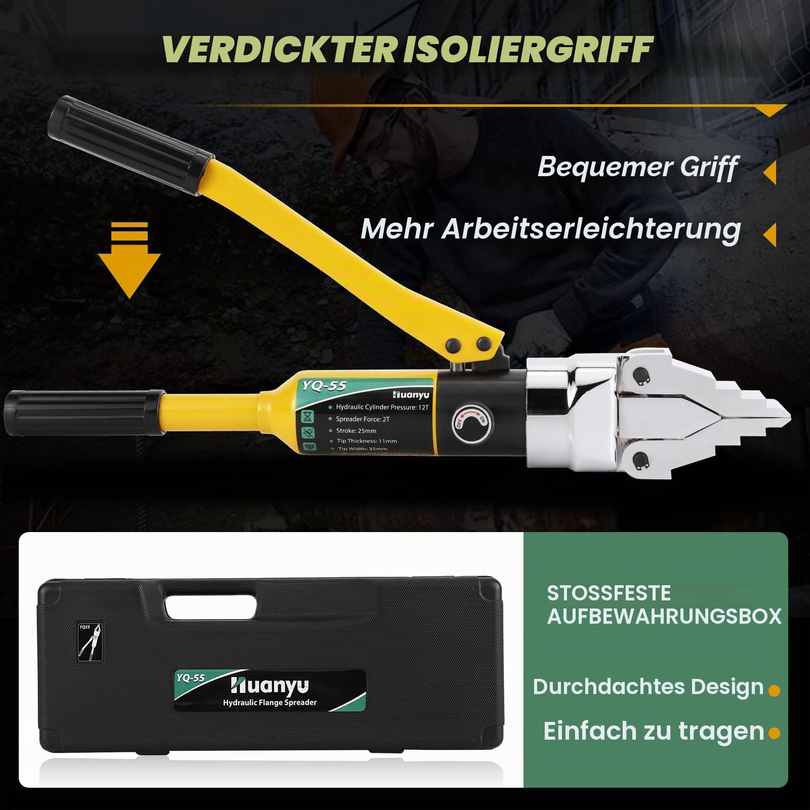 Huanyu Hydraulischer Flanschspreizer 12T Druck Manuell Tragbar Hydraulischer Flanschspreizer Expander Max Expansion 55mm Arbeitssparend für Pipeline Wartung Bau Ventil Ersatz(YQ-55)