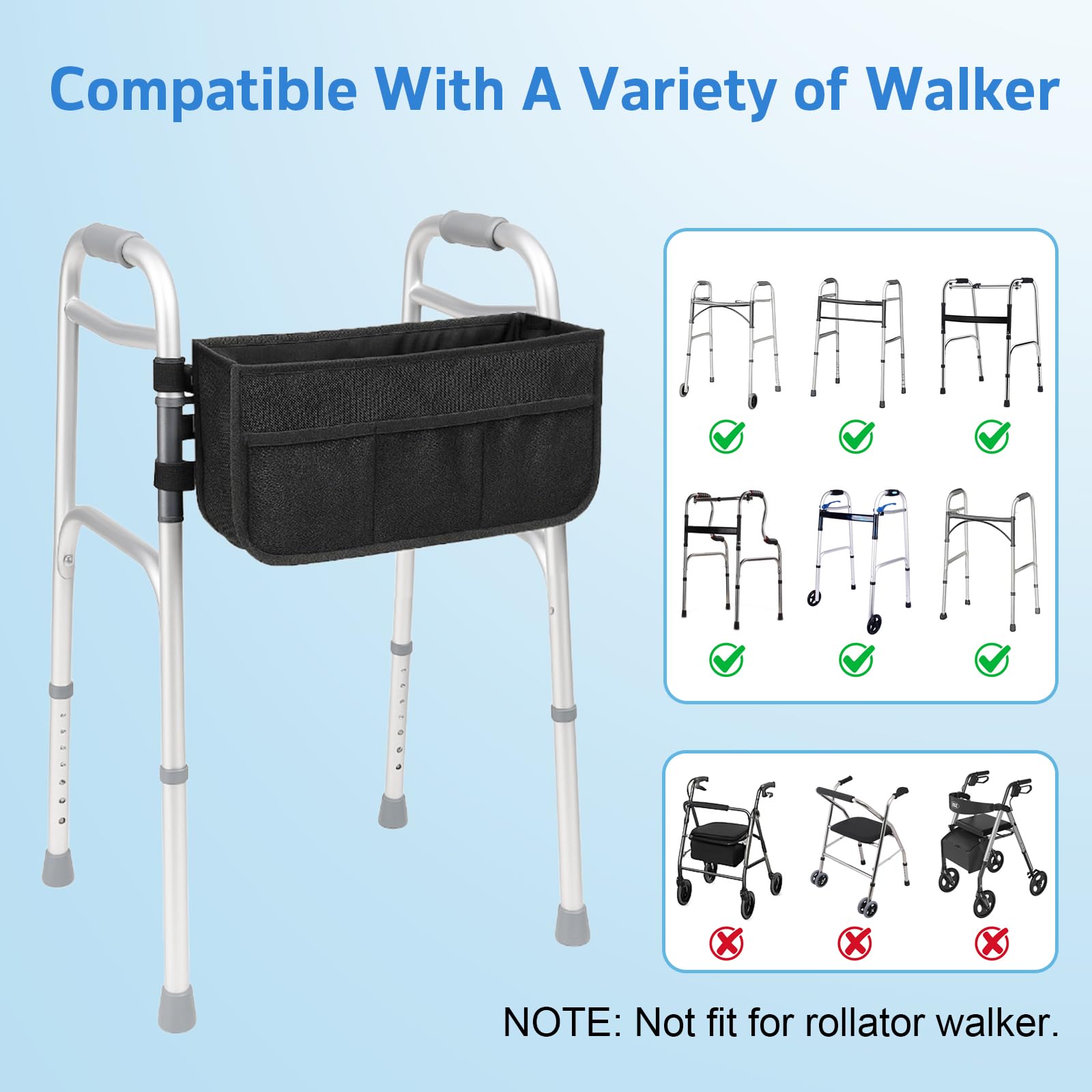 Walker Basket - Bolsa plegable con portavasos - Se adapta a caminantes plegables (negro)