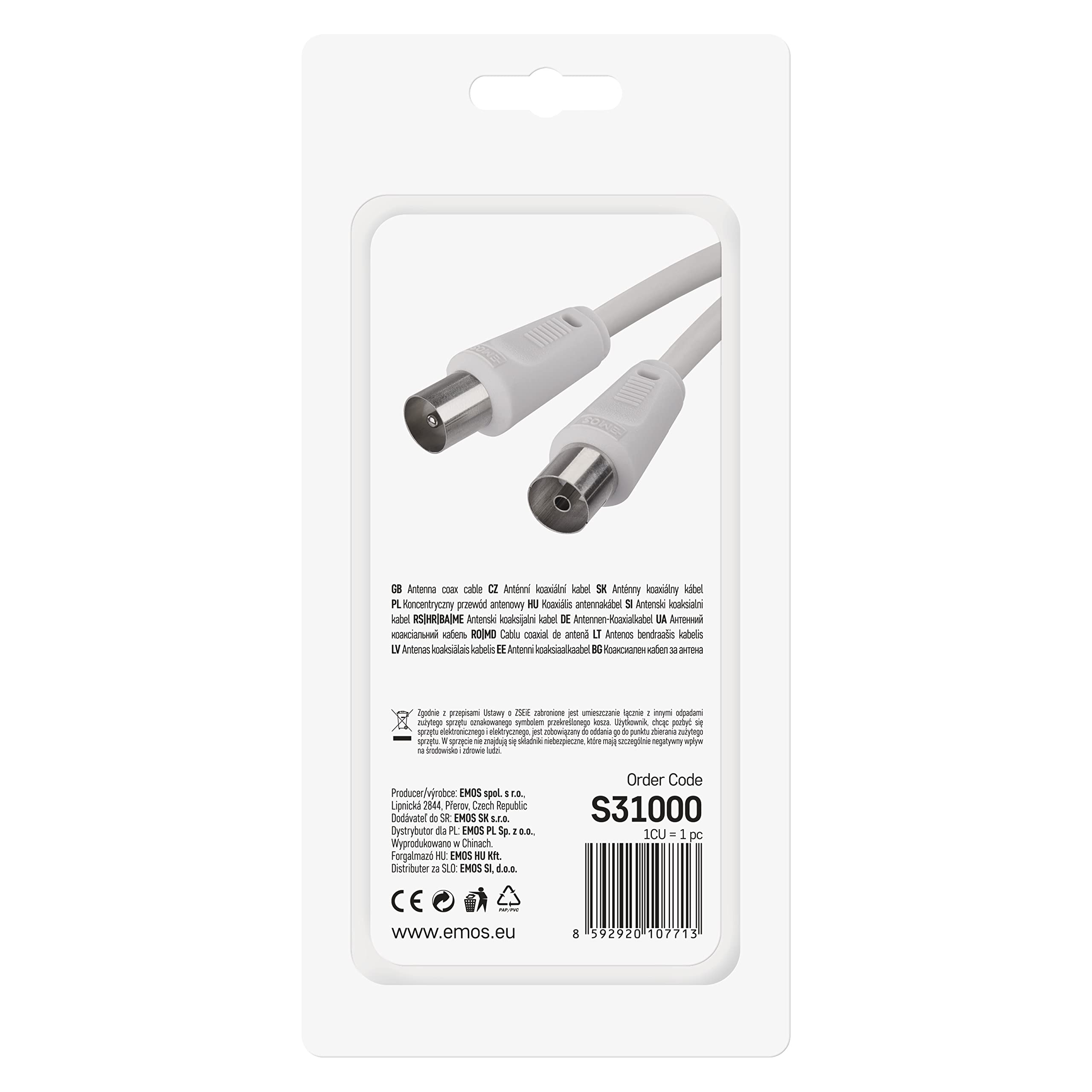 EMOS Cavo Antenna Cavo Coassiale TV Cavo 10m Coassiale per TV Digitale Ricevitore SAT, Doppia Schermatura, Cavo Coassiale Dritto Maschio su Coassiale Dritto Femmina