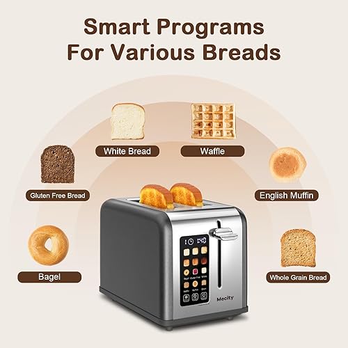 Miniatura 3 de Mecity Tostadora de pantalla táctil de 2 rebanadas, ranura ancha de 1.5 pulgadas, tostadora inteligente de acero inoxidable para bagels, magdalenas