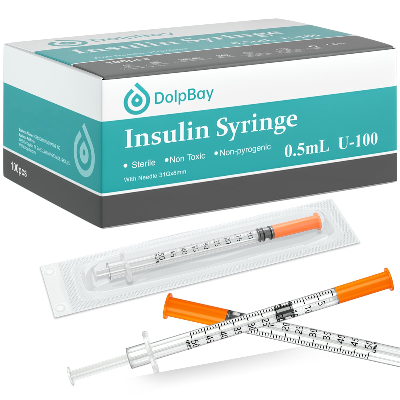DolpBay Insulin Syringe with Needle, 0.5cc 31G 5/16