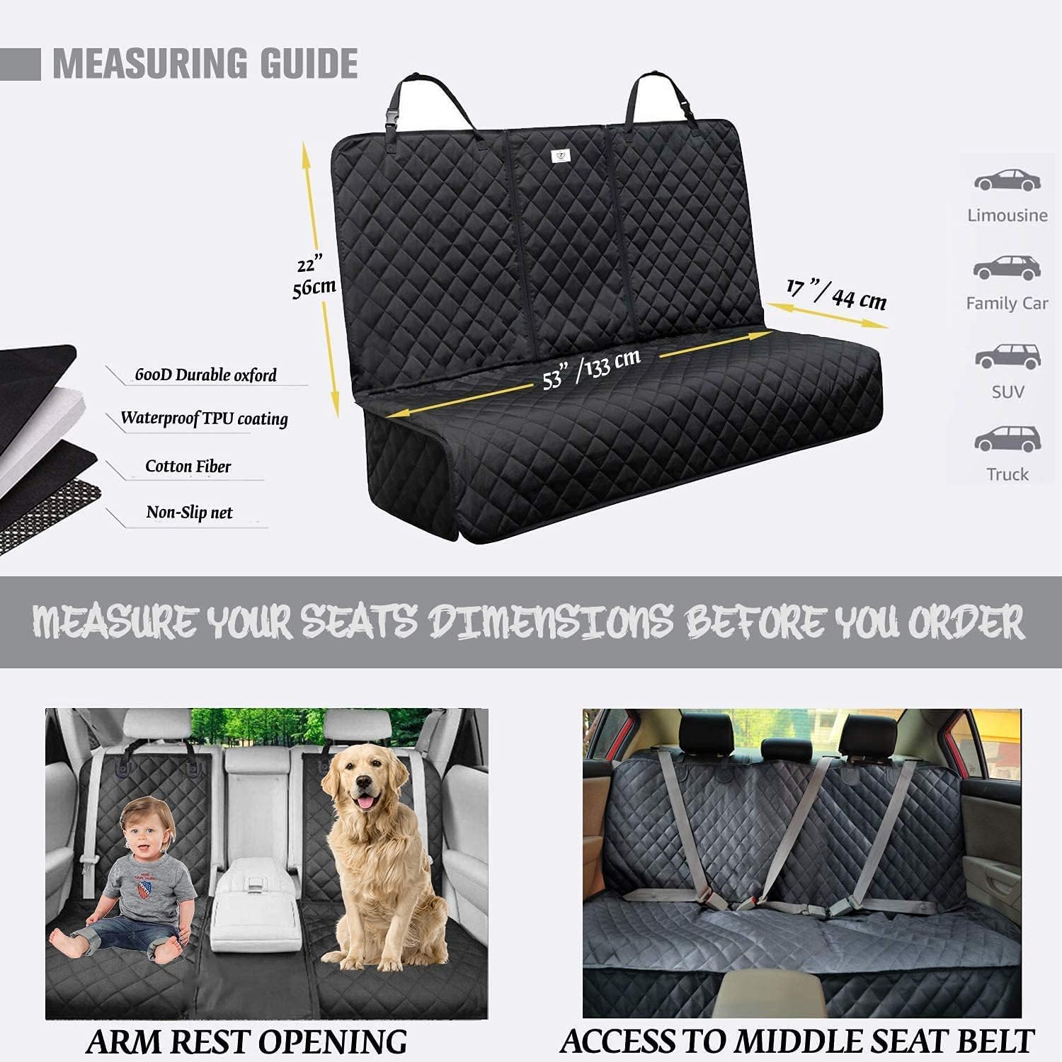 Dog Car Seat Cover (Universal: 133cm) - Waterproof, Non-slip & Scratch-Proof - Not Isofix Compatible