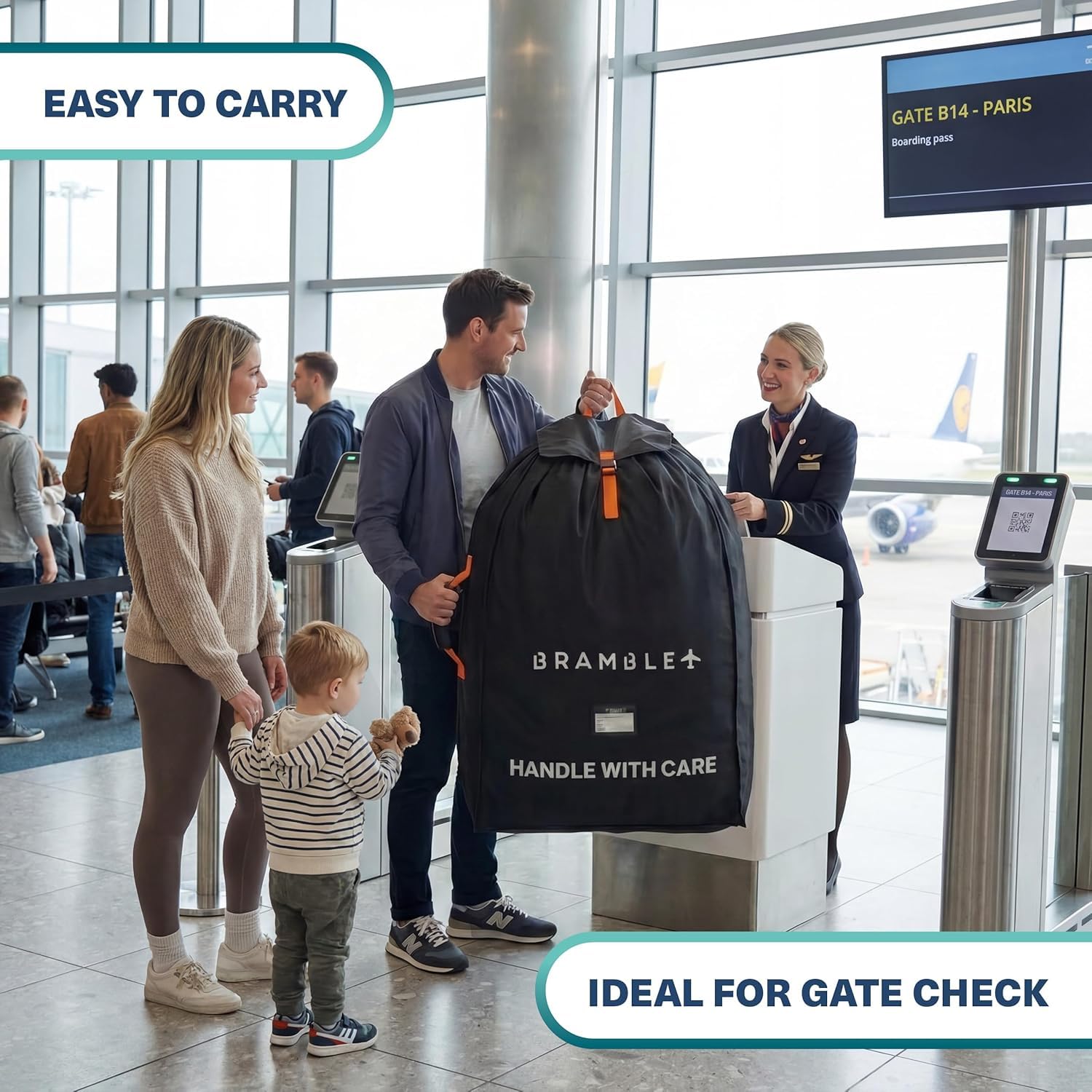 Bramble - Borsa da Trasporto Passeggino Gemellare XL per Aereo Gate Check - Nylon Balistico Idrorepellente con Spallacci Neoprene, Sacca & Finestra ID - 100 x 65 x 40 cm (Nero)