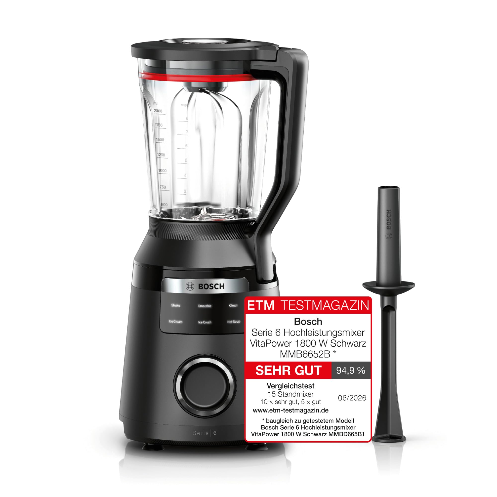 Bosch Hochleistungsmixer, Smoothie Maker, 1800W, 45.000 U-min, Programme für heiße Suppe & Reinigung, 2L, spülmaschinenfeste Teile, Made in Europe, schwarz, VitaPower Serie 6 MMB6652B