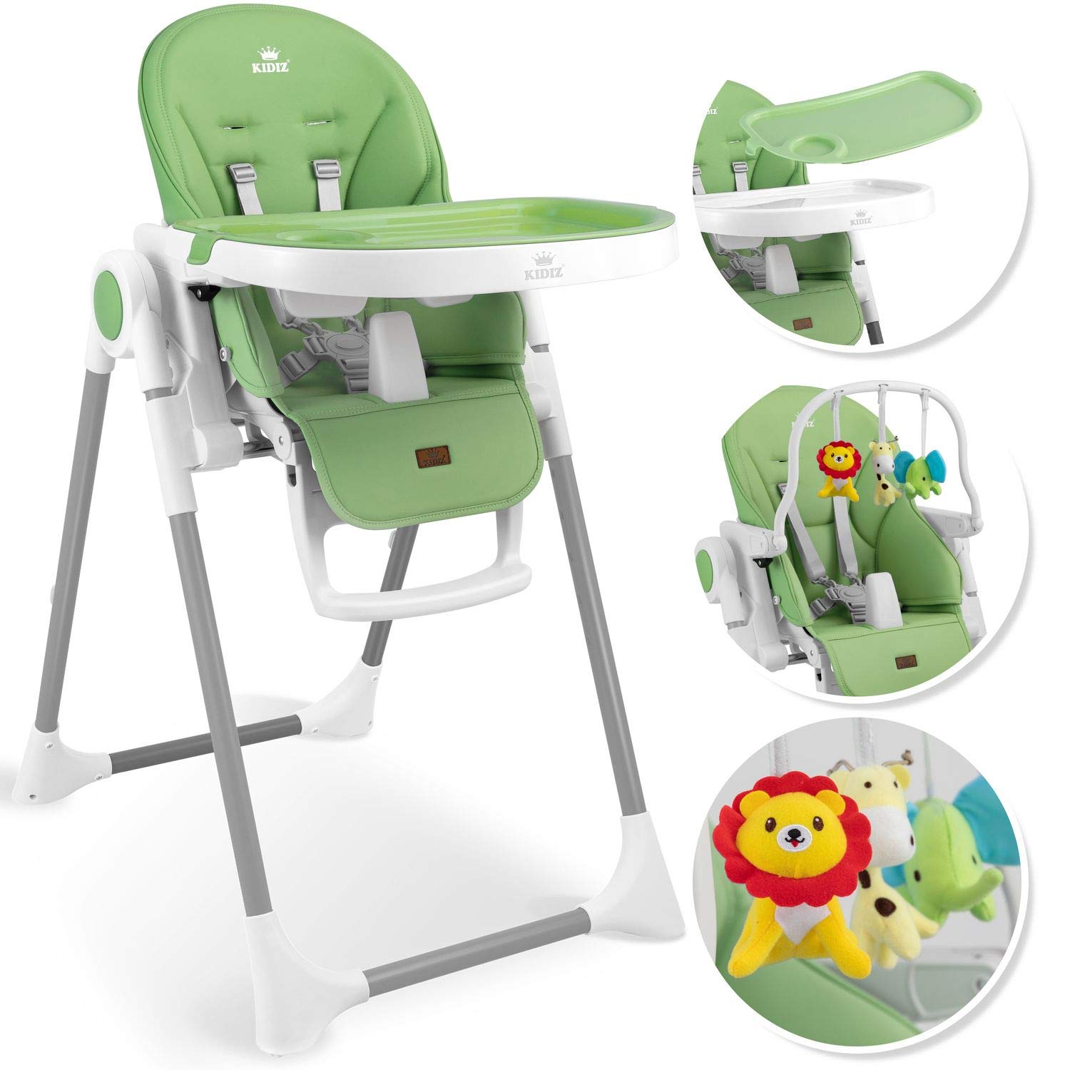 KIDIZ® 3 in 1 Seggiolone Seggiolone per bambini con barra dei giochi, Lettino per bambini, Seggiolone combinato Seggiolone per bambini, Schienale regolabile in 7 diverse altezze, verde