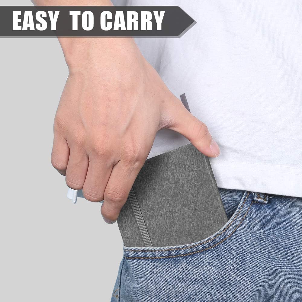 (2 Pack) Pocket Notebook Notepad,3.5" x 5.5" Ruled PU Leather Hardcover Small notepads Mini Journal Dairy with 120Gsm Thick Paper, Pen Holder,Inner Pocket,Elastic Closure-Gray