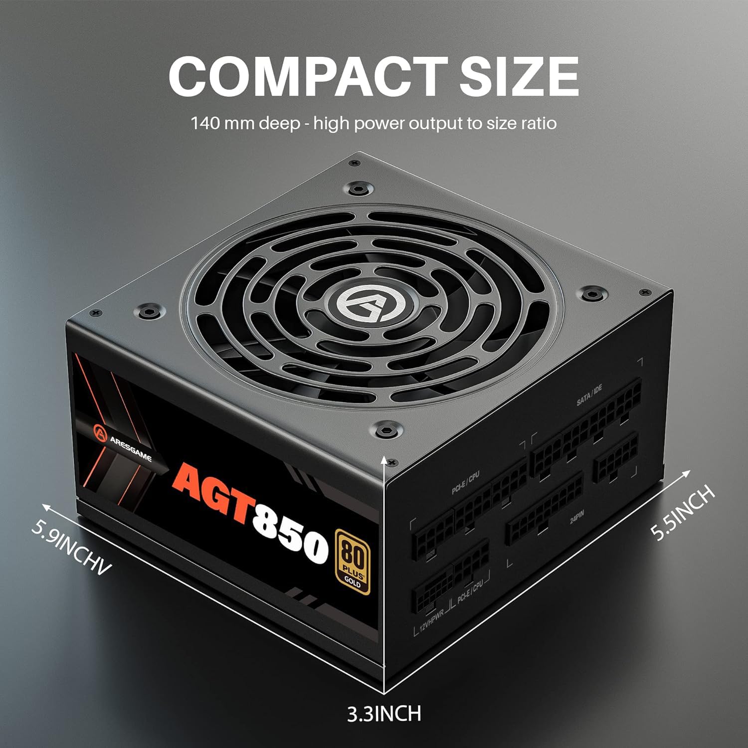 Fuente de alimentación serie AGT de 850 W, certificado 80+ Gold, totalmente modular, ventilador FDB, tamaño compacto de 5.512 in, fuente de alimentación ATX para juegos 6