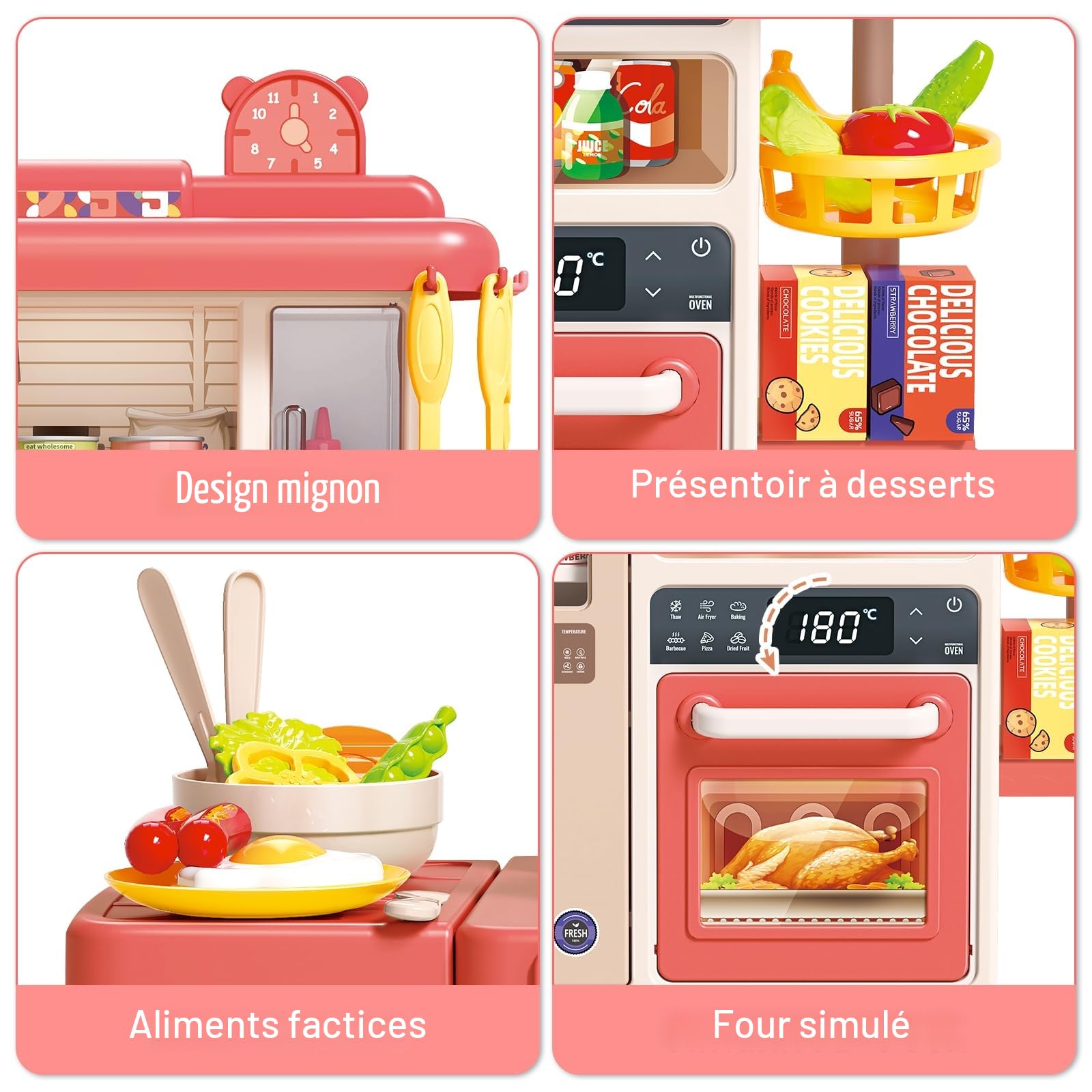 deAO Cuisine pour Enfants Interactive, 50PCS Accessoires Kitchen Toy | Rose | Avec Sons et Lumières, Comprenant Vaisselle, Aliments, évier, Four et plaques de Cuisson, kit de Cuisine, 78*50.5*20cm