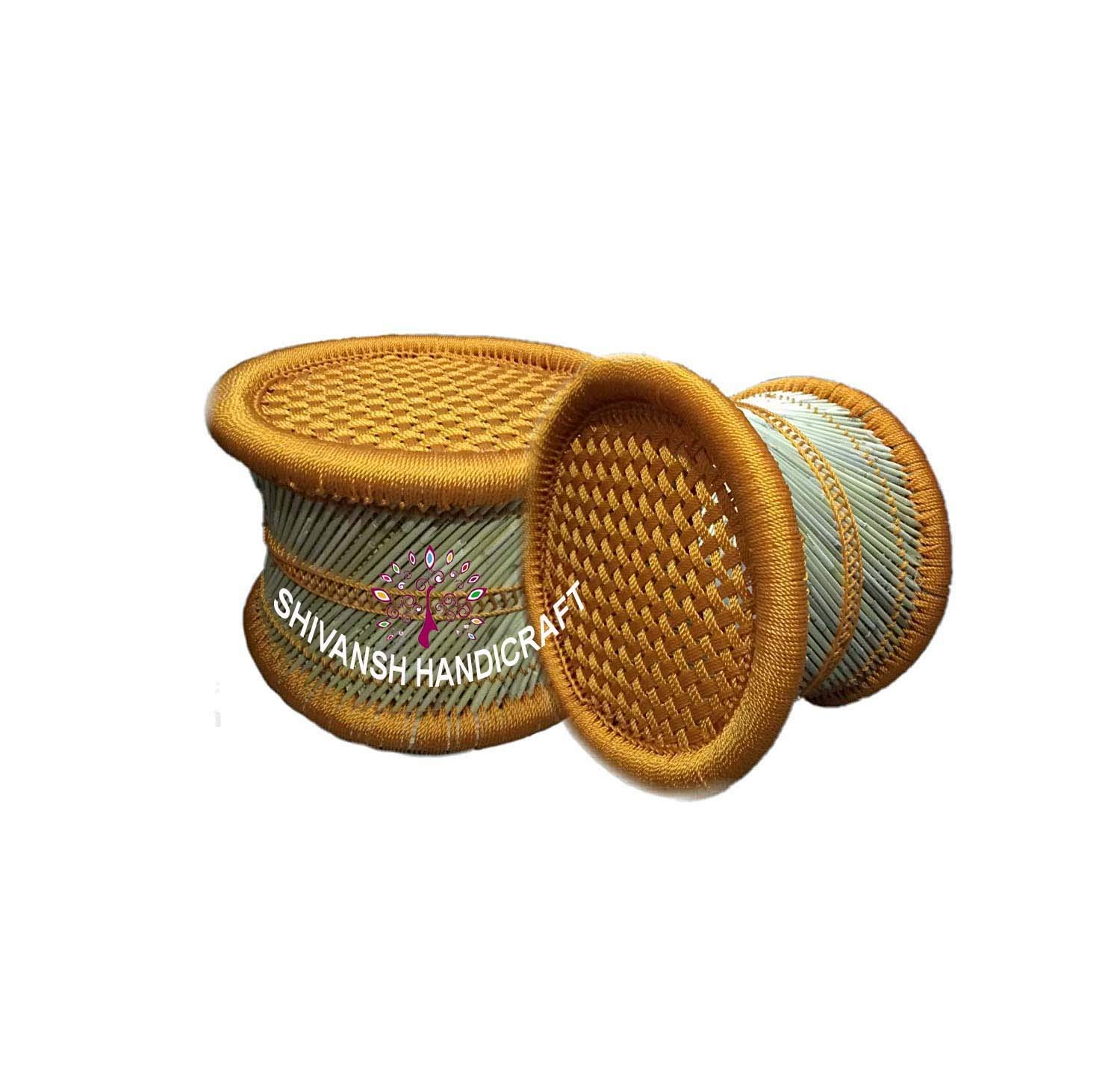 SHIVANSH mudda or stool Shivansh Mudda | muddi | Stool | Chair | Handicraft Muddi in Golden Color Set of 2 (wood)