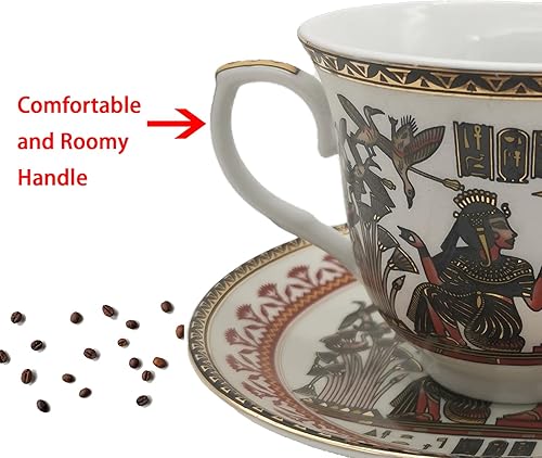Miniatura 7 de Taza y platillo de café egipcio capuchino barista con cuchara de 8.2 oz8.1 fl oz, juego de tazas de cerámica egipcia dorada para té y café, taza de