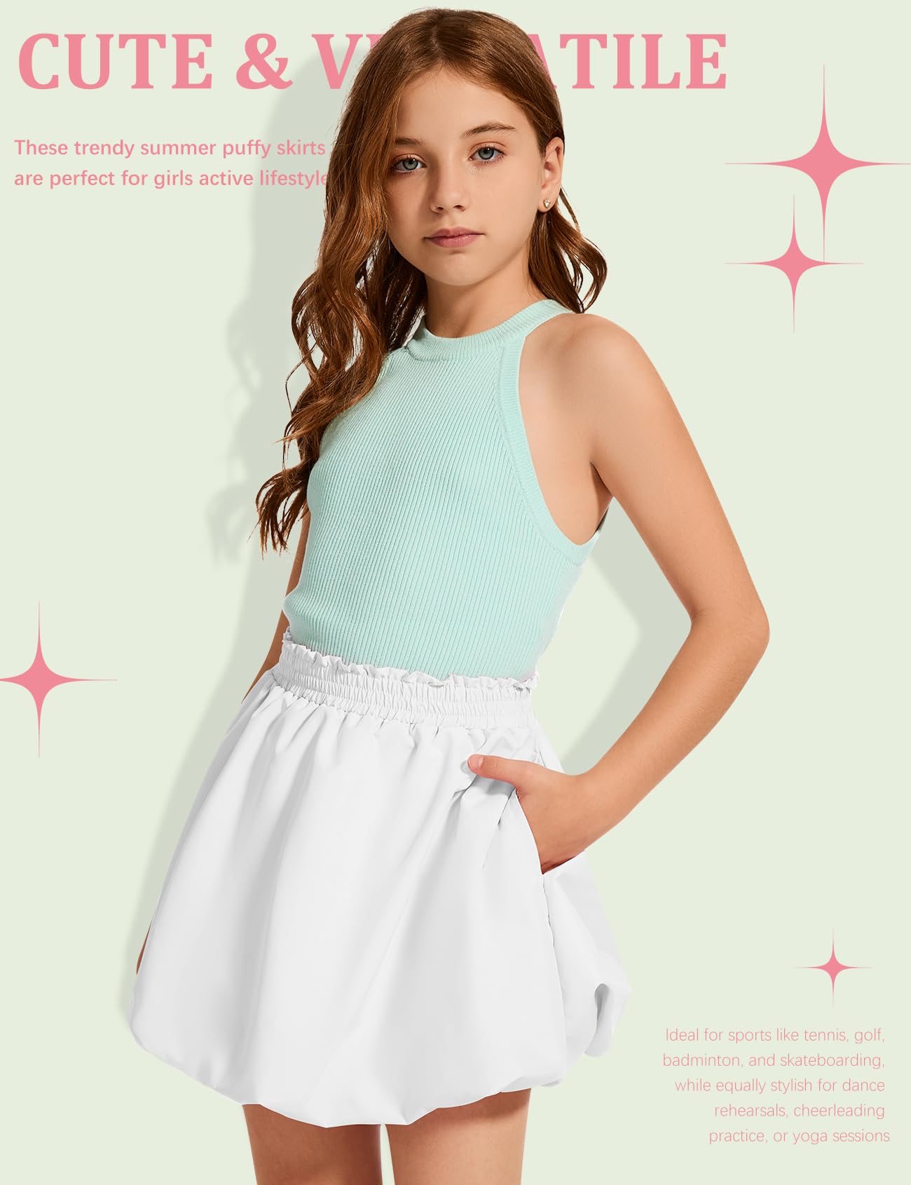 COZYPOIN Faldas de burbujas para niñas, bohemias, elásticas, de cintura alta, con volantes, pantalones cortos de globo con bolsillos para 5-14 años