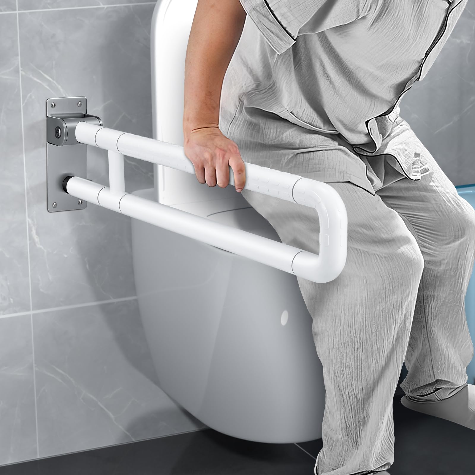 75cm Maniglione Bagno Disabili, Maniglione Ribaltabile Bagno, Può sopportare 300-350 kg, Barra Disabili Bagno, Pieghevole Maniglione di Sicurezza Antiscivolo per Anziani,Incinta (White, 75cm)