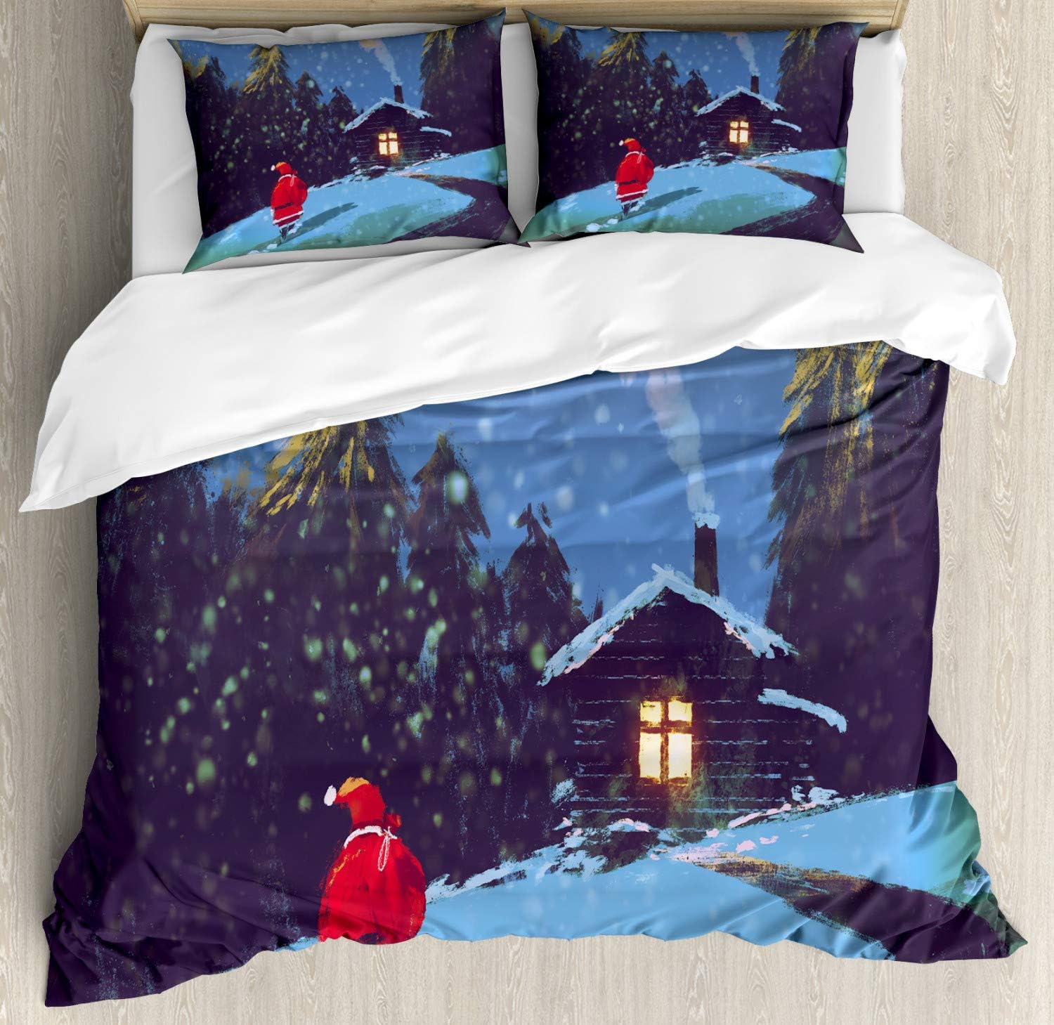 Ambesonne Fantasy Duvet Cover Set, Christmas Santa Claus Walking to The Mountain House Surrounded by Pines Scenery, Decorative 3 Piece Bedding Set with 2 Pillow Shams, Queen Size, Multicolor