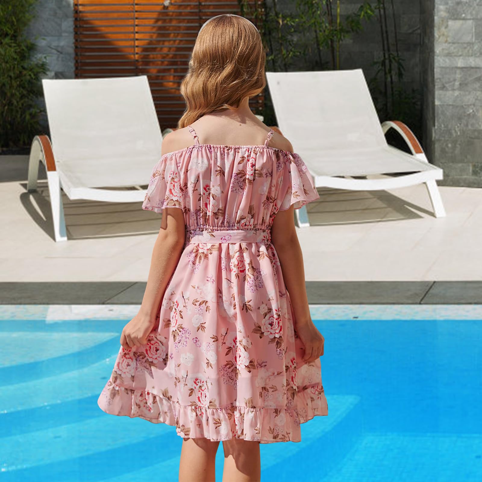 Lässig Kleider für Mädchen,Chiffon Blumenkleid Schulterfrei Sommerkleid mit Verstellbarem Riemen,Freizeit mit Rüschenärmel Ärmeln für Mädchen im Alter von 6 bis 14 Jahren
