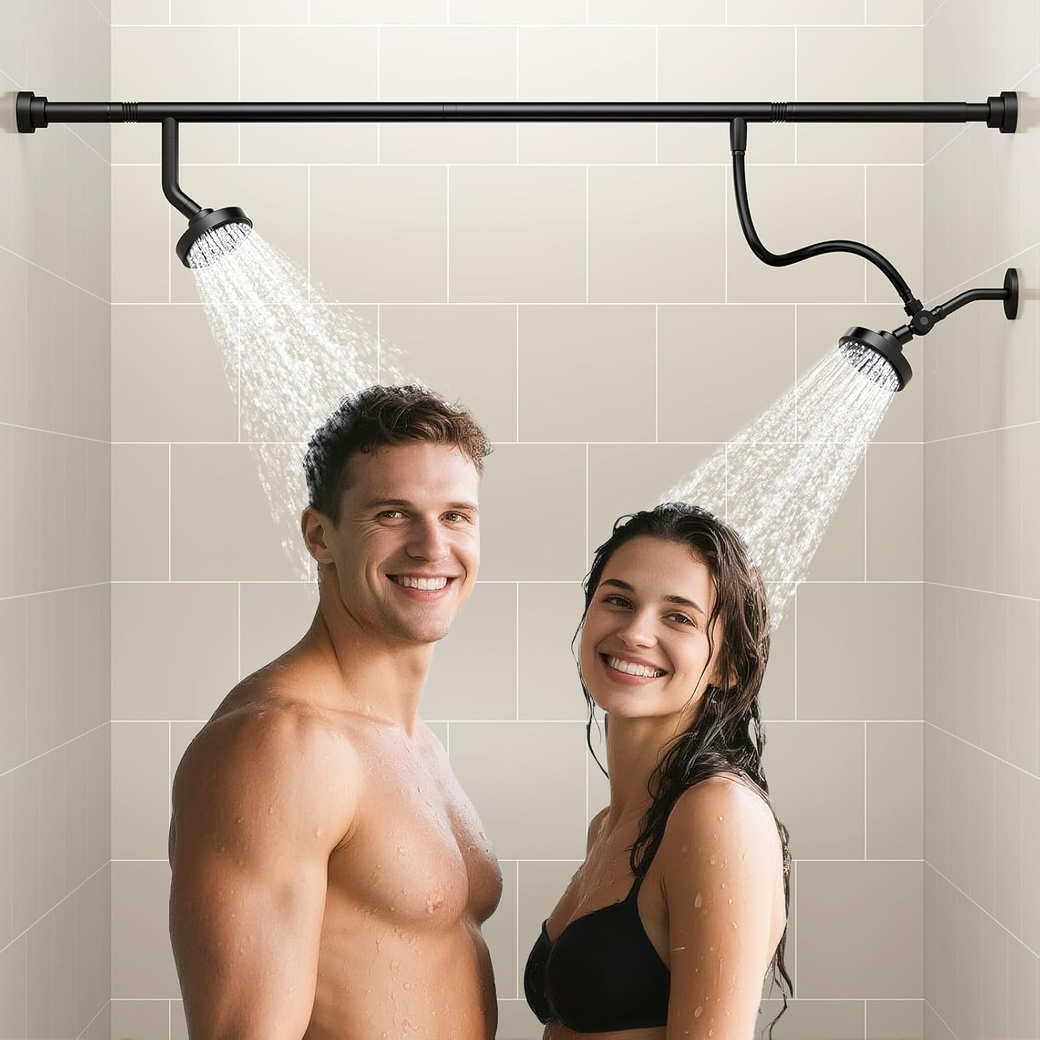 Dual Shower Head for Couples, High Pressure Double Shower Heads for Two People Rod, Two Showerhead System Fit 2 Person, Birthday Gifts for Women Men, Spa-Like (Black) Segmented Design