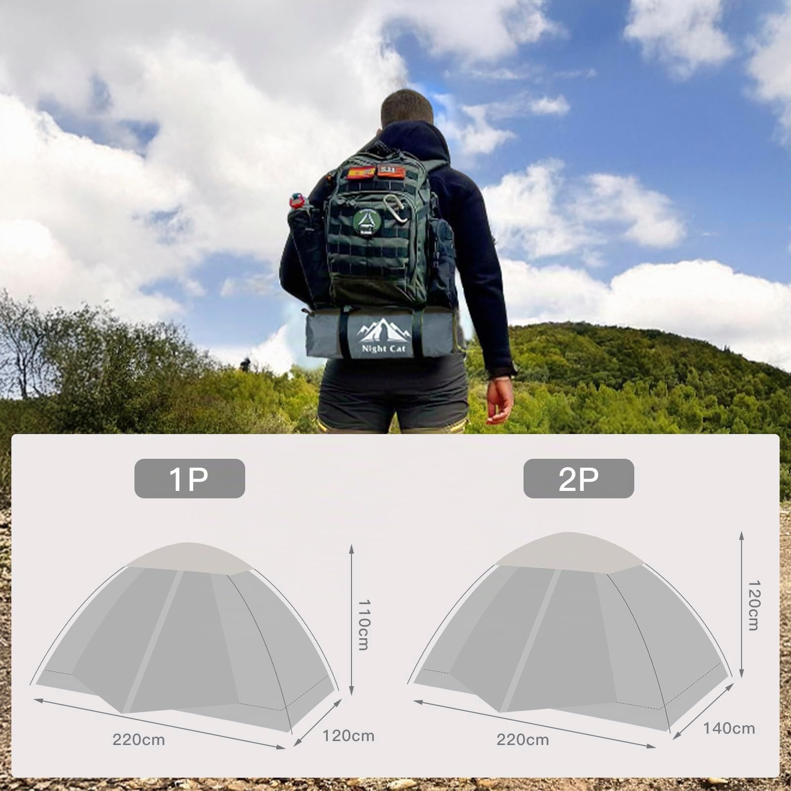 Night Cat Tente de Camping pour 1 2 Personne: Imperméable Tentes de Randonnée Installation Facile Poids Léger pour la Randonnée Arrière-Cour