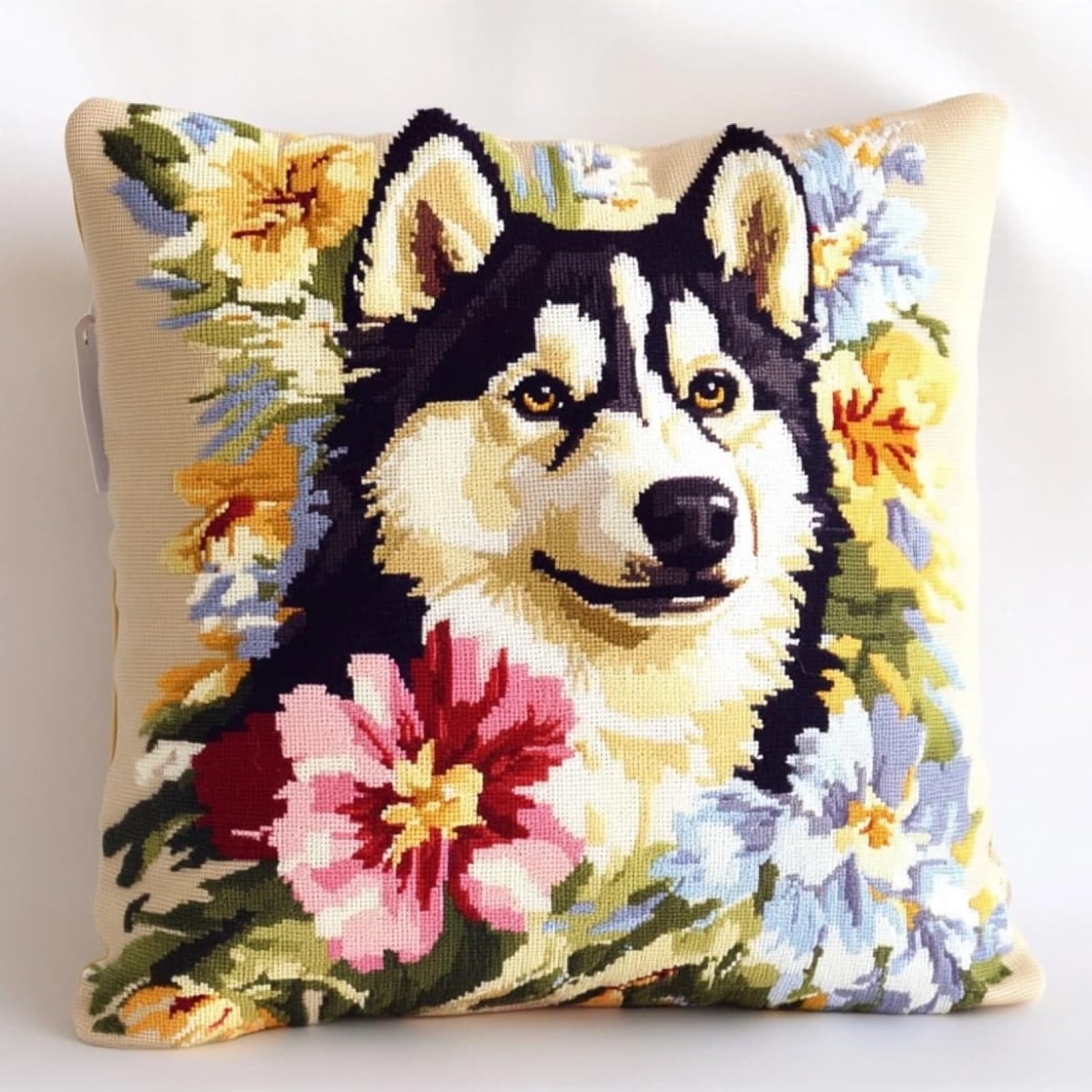 WallustrioaW Stamped Cross-Stitch Pillow Kit,Husky and Flower,Cushion Needlework Kit with Embroidery Pattern on Cotton Canvas Holiday,Gift 18x18in