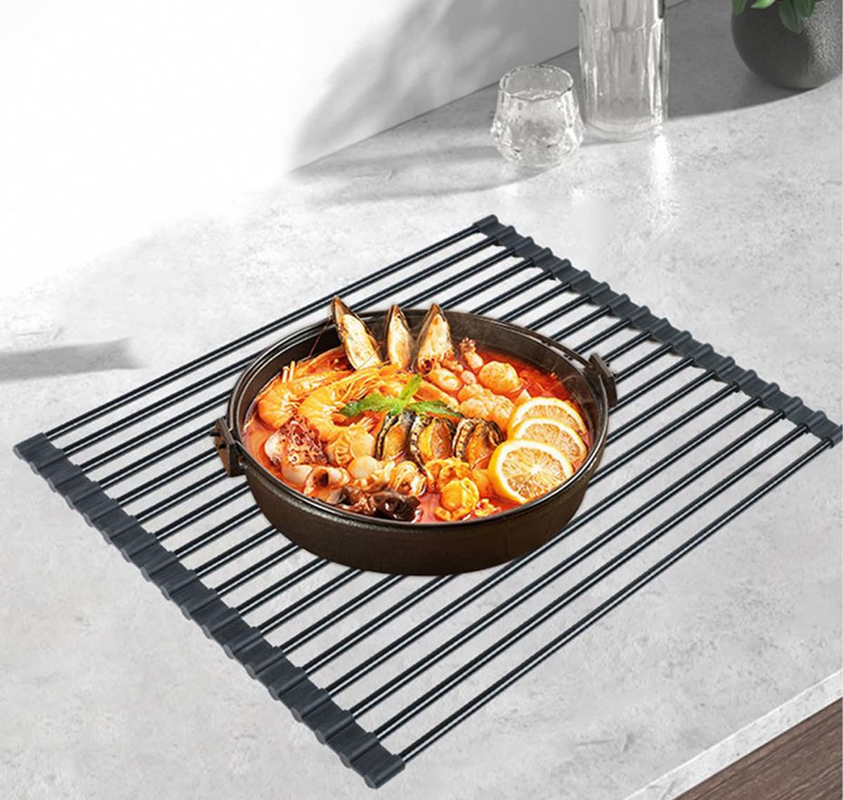 Escurridor de platos enrollable sobre el fregadero. Escurridor de cocina plegable, barra de acero inoxidable totalmente cubierta de silicona, resistente al calor, rejilla antideslizante para