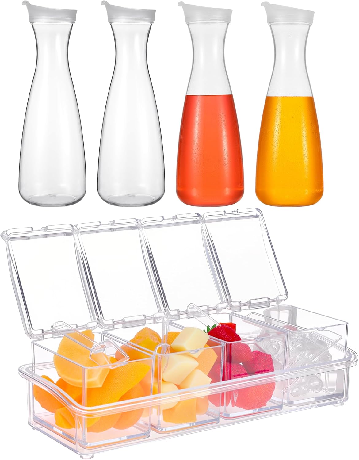 Honeydak 5 Pcs Mimosa Bar Supplies Include 4 Pcs 47 oz Plastic Carafe with Lids Clear Round Juice Pitcher Containers 1 Seasoning Box with Lid and Spoon for Christmas Party Serving Storage (Clear) Clear 47 ounces