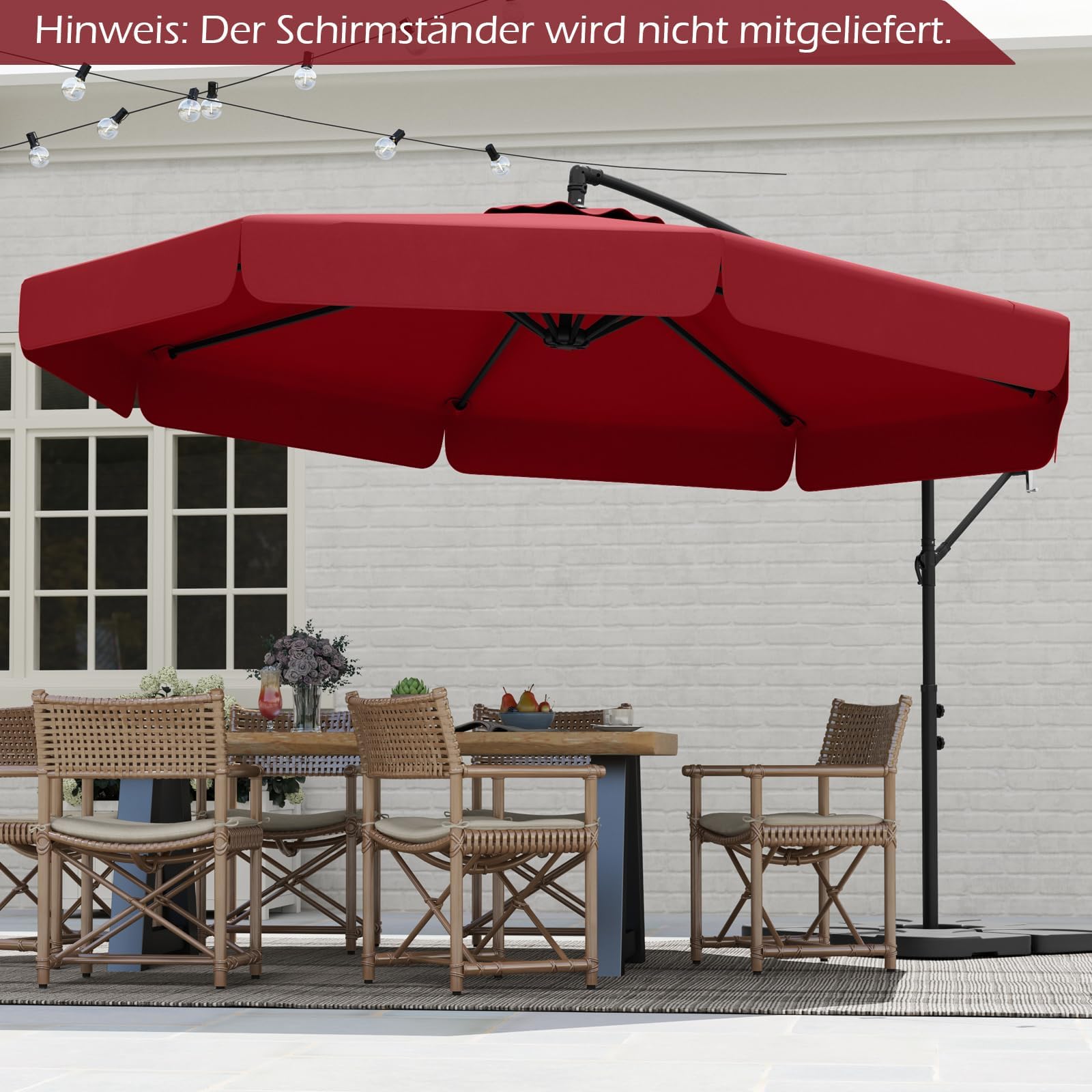 FANTASK Sonnenschirm 300 cm, inkl. Schutzhülle, Ampelschirm mit Kurbel und Volant, Neigungswinkel verstellbar, Gartenschirm, Marktschirm (Rot)