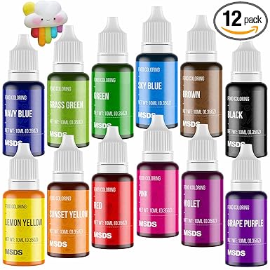 12 Color Cake Food Coloring Set, Food Grade Vibrant Food Color Liquid Dye Tasteless for Baking, Icing, Easter Egg, Fondant, Cooking, Slime Making DIY Supplies Kit - .35 Fl. Oz (10 ml) Bottles
