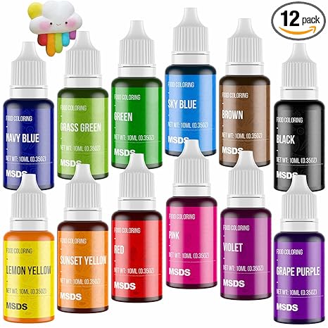 12 Color Cake Food Coloring Set, Food Grade Vibrant Food Color Liquid Dye Tasteless for Baking, Icing, Easter Egg, Fondant, Cooking, Slime Making DIY Supplies Kit - .35 Fl. Oz (10 ml) Bottles