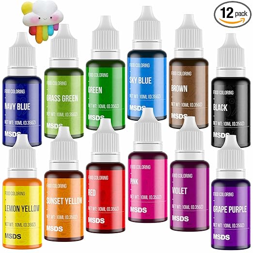 12 Color Cake Food Coloring Set, Food Grade Vibrant Food Color Liquid Dye Tasteless for Baking, Icing, Easter Egg, Fondant, Cooking, Slime Making DIY Supplies Kit - .35 Fl. Oz (10 ml) Bottles