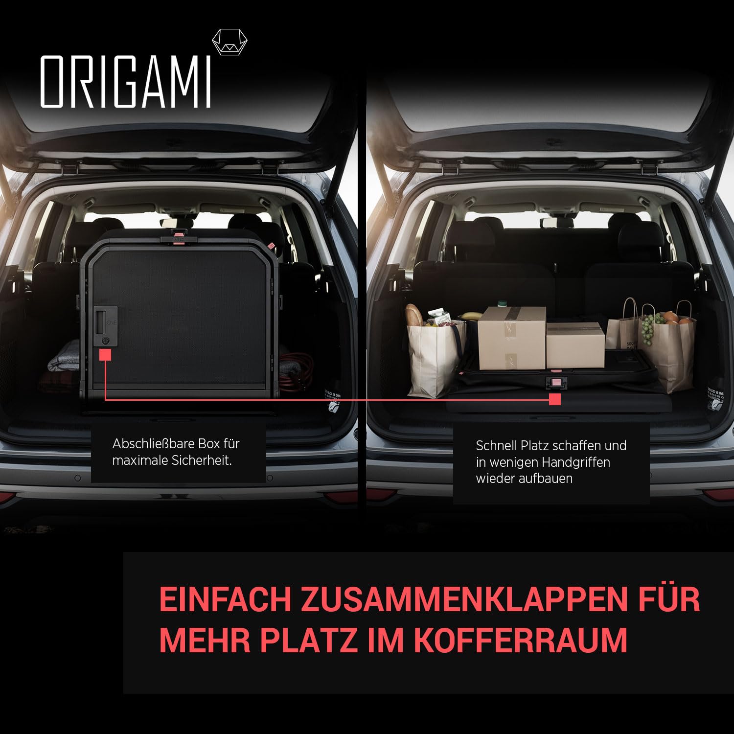 Hundetransportbox Auto Alu Size Large | Alu Hundebox Auto Kofferraum | Hundebox faltbar per Knopfdruck & Crash-getestet | Transportbox Hund aus Aluminium & Textil