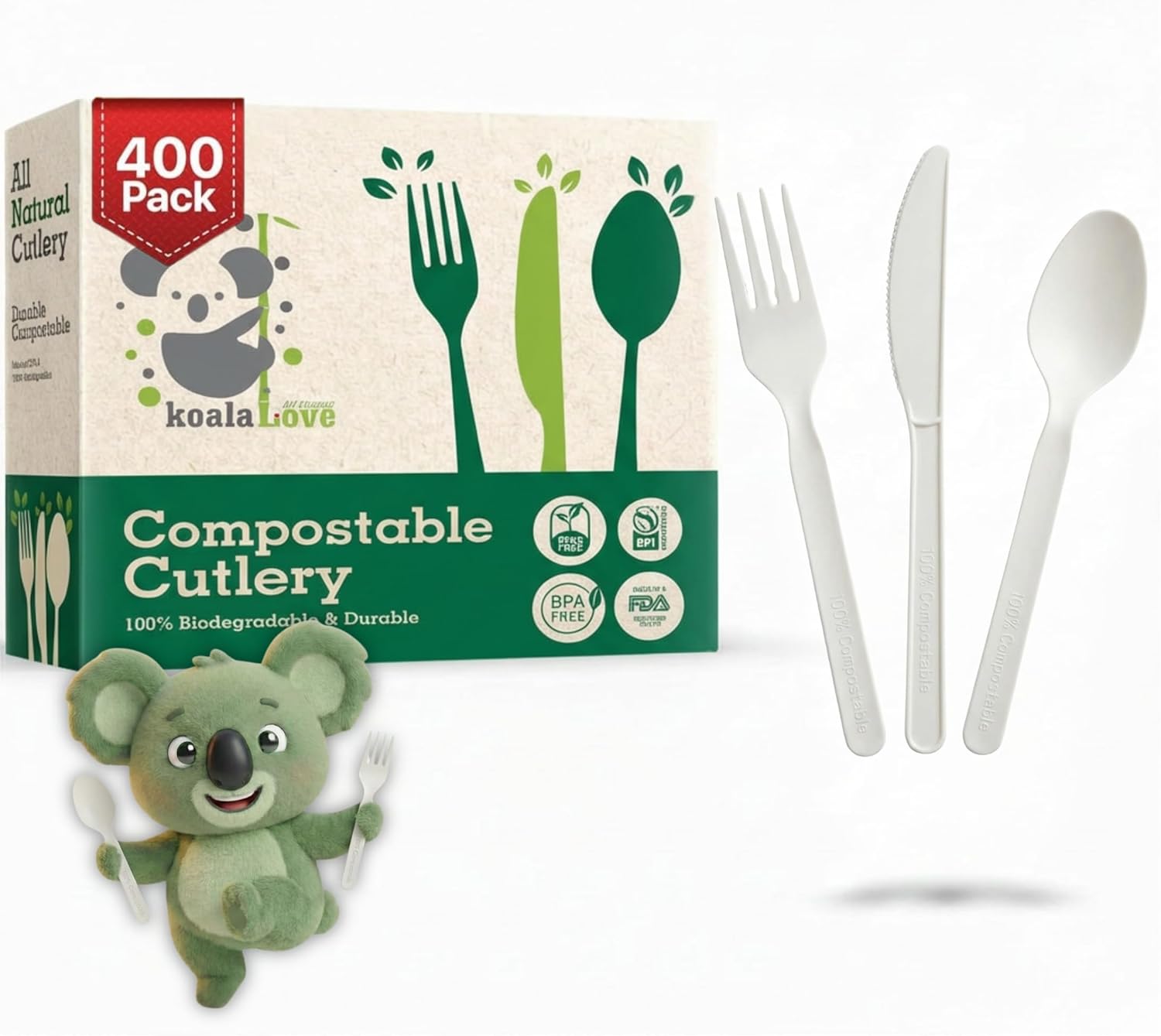 100% Compostable Forks Spoons Knives Cutlery 400 Count 7Inch Heat Resistant Eco Friendly Disposable Cutlery Biodegradable Silverware Alternative to Plastic Compostable Utensils Bulk In Convenient Tray