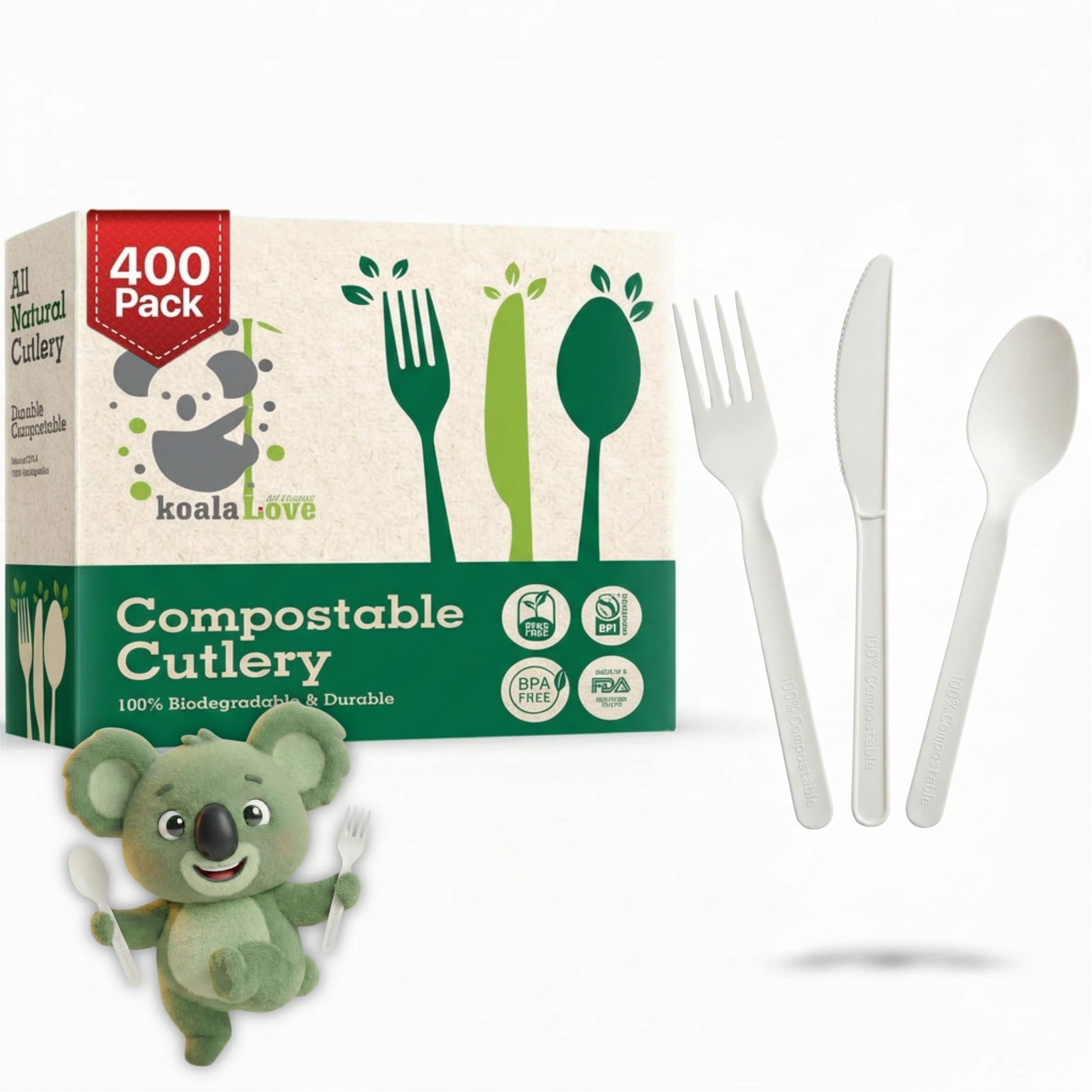100% Compostable Forks Spoons Knives Cutlery 400 Count 7Inch Heat Resistant Eco Friendly Disposable Cutlery Biodegradable Silverware Alternative to Plastic Compostable Utensils Bulk In Convenient Tray