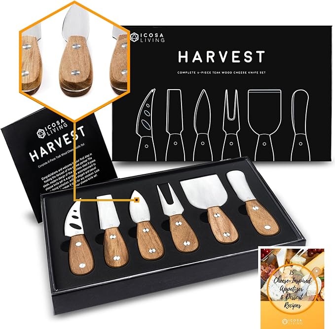 Harvest 6-Piece Cheese Knife Set (Gift-Ready) - Premium Stainless Steel Cheese Knives with Rivets, Full Tang Blades and Teak Wood Handle Charcuterie Board Accessories w/ 15 Festive Recipes