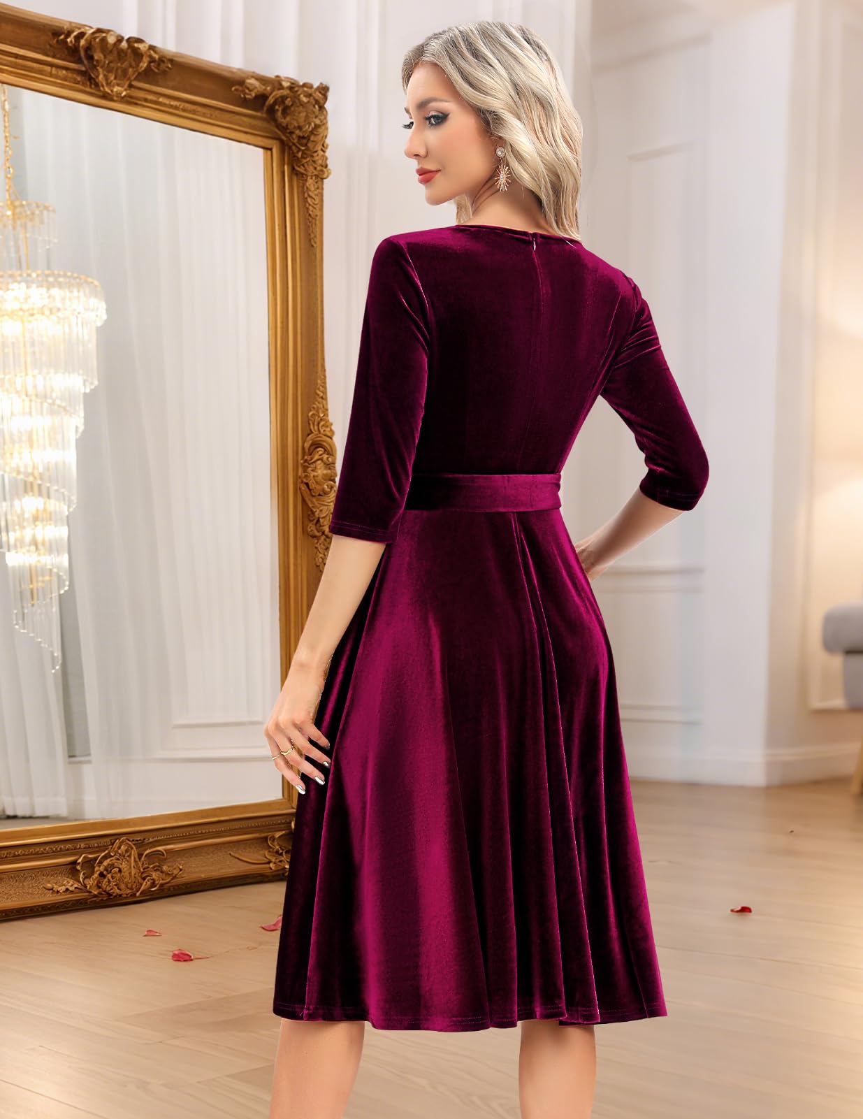 Bbonlinedress Abiti Rockabilly Donna Manica a 3/4 Scollo a V Manica Lunga Midi Abiti da Festa per Matrimonio Abito da Cocktail Vintage con Tasche
