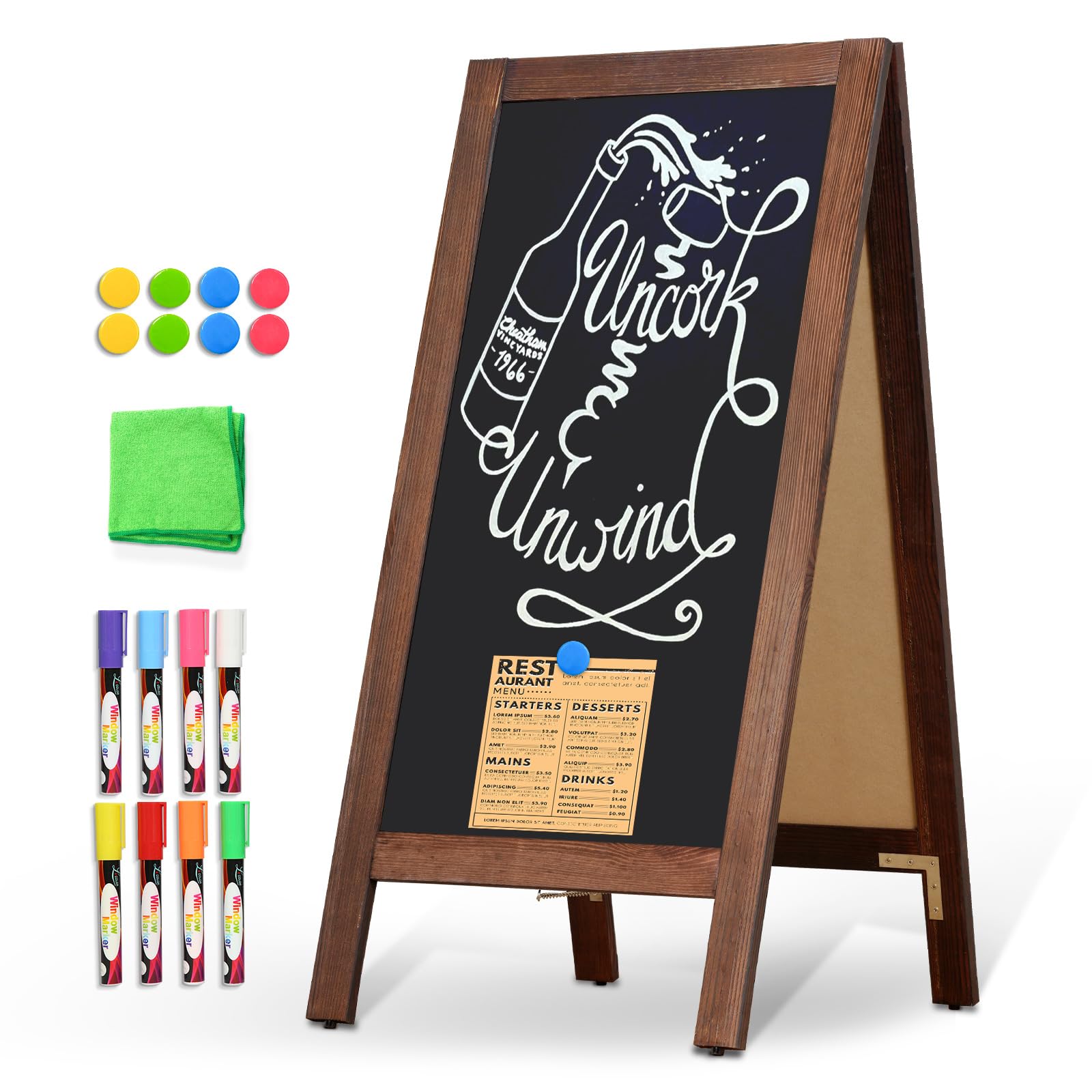 DOLLAR BOSS 40" x 20" A-Frame Chalkboard Sign Double-Sided Magnetic Sandwich Board Solid Pine Wood Frame Stable Wind Resistant Freestanding Menu Display for Outdoor, Café, Wedding, Business, Brown