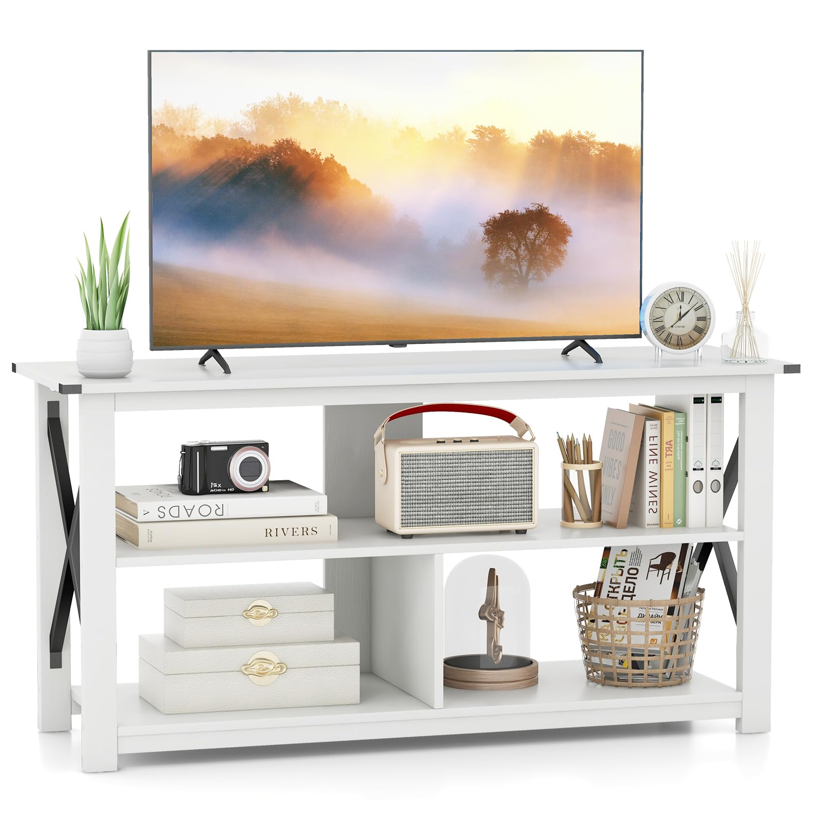 Tangkula Wood TV Stand with Open Shelves and X-Shaped Frame, 3 Tier Entertainment Center for 55-Inch TV, Farmhouse TV Console Table, Open TV Stands