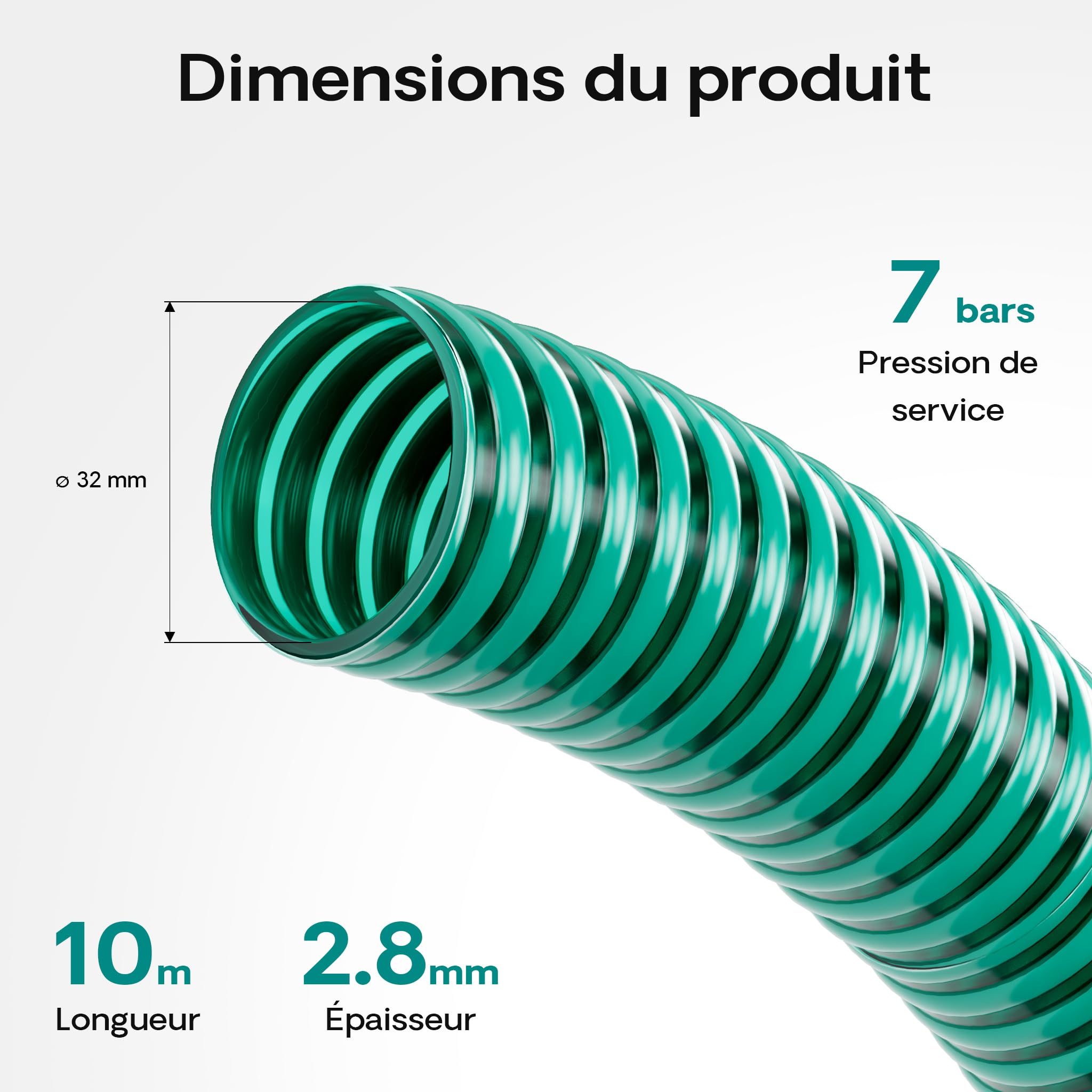 Wiltec Tuyau d'aspiration vert – 10 m/Ø 32 mm (1 1/4") / 330 g/m – avec Spirale de renforcement – Tube à pression souple en PVC – pour Arrosage Irrigation Jardinage Évacuation Refoulement