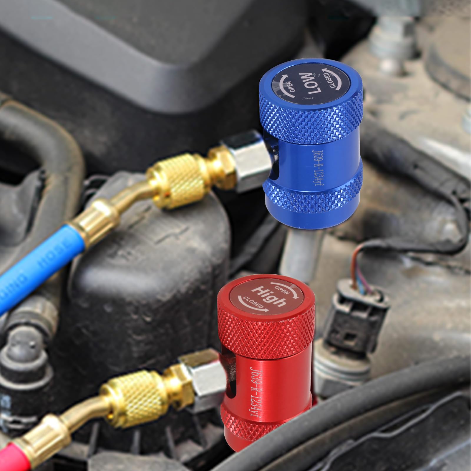 Klimagas R1234YF - Adattatore, 2 pezzi, refrigerante per auto, alto e basso, regolabile, 1/4", AC R1234YF, spina adattatore per aria condizionata, attacco rapido, manometro