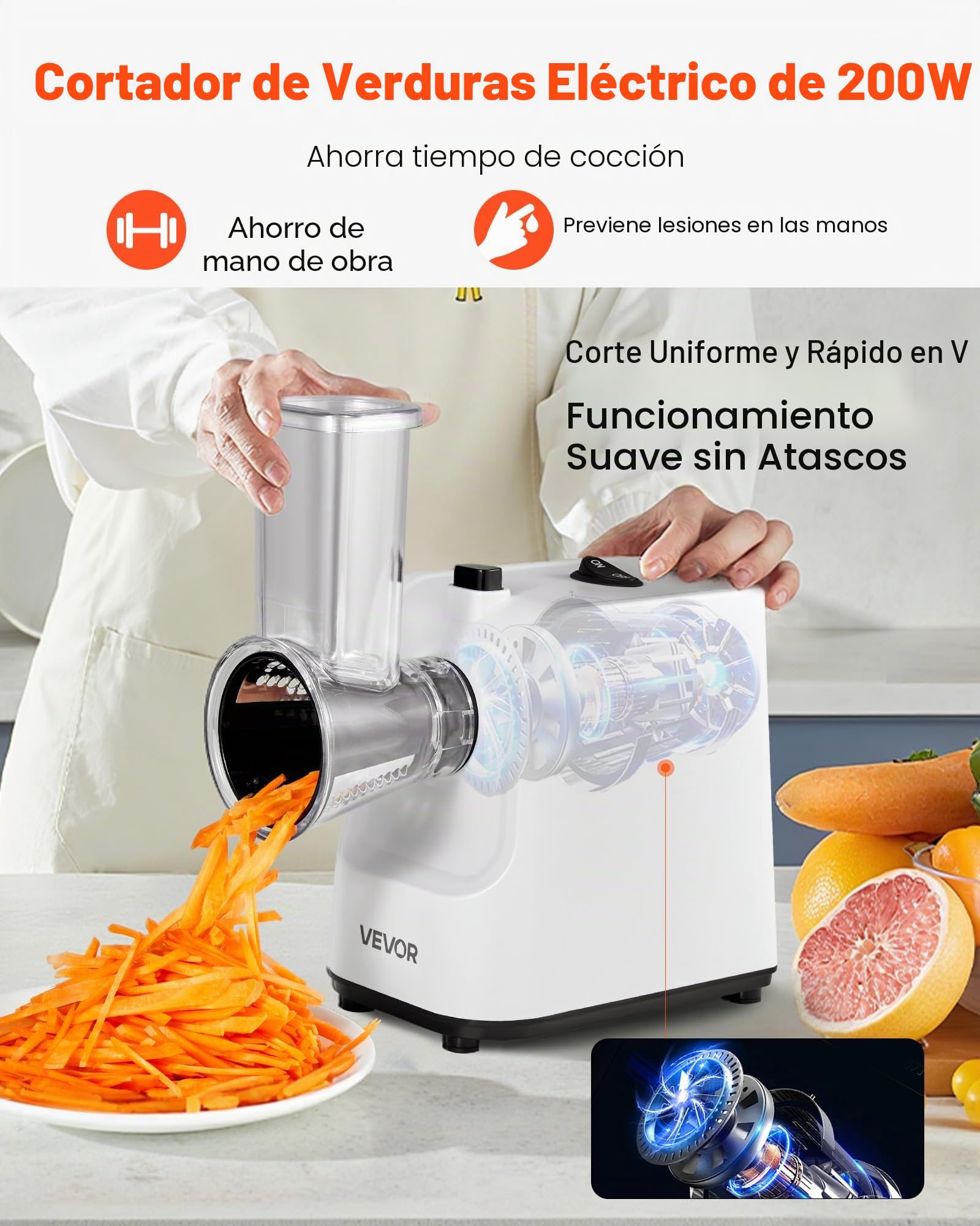 VEVOR Rallador de Queso Eléctrico 5 en 1, ABS, Cortador de Ensaladas de 200 W, con 5 Accesorios, Cuchillas de Acero Inoxidable para Verduras y Queso, Corte Rápido, 240 x 125 x 270 mm, Blanco