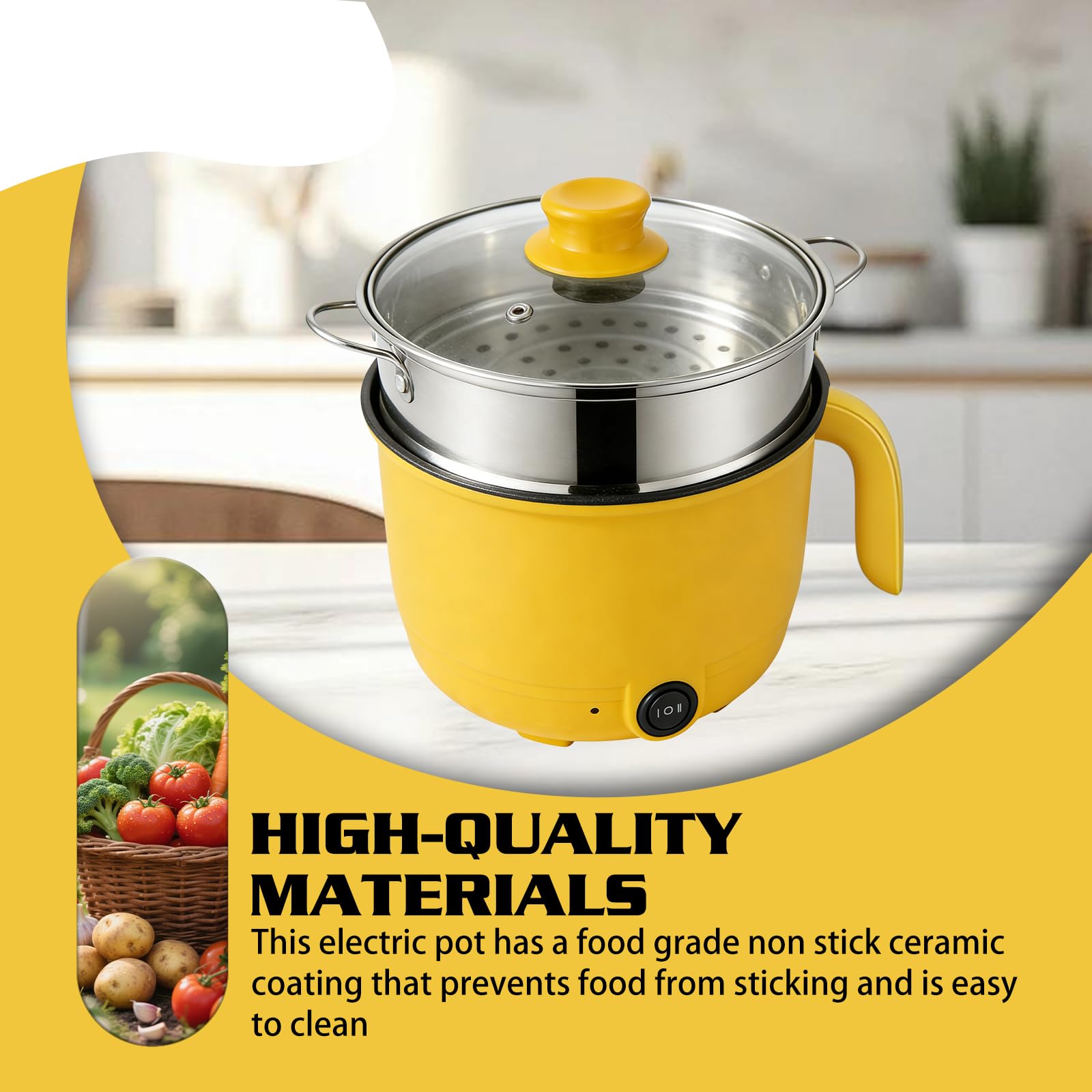 Elektryczny Hot Pot, 1,3 l elektryczny garnek do gotowania, 600W 220V Hot Pot Ramen Cooker z parowarem ze stali nierdzewnej, z powłoką antyadhezyjną Hot Pot elektryczny do zupy/ramen/makaronu/płatków