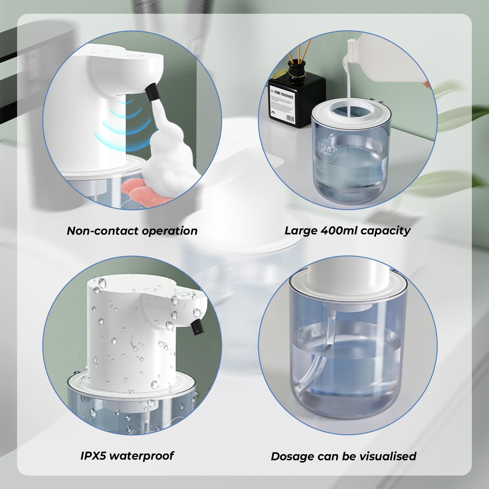 Dispenser Sapone Automatico a Schiuma, Senza Contatto con Sensore, 400ml Grande Capacità, 4 Livelli Regolabili, Ricarica USB-C, Impermeabile IPX5 per Bagno, Cucina, Hotel e Ufficio (Bianco) - 3