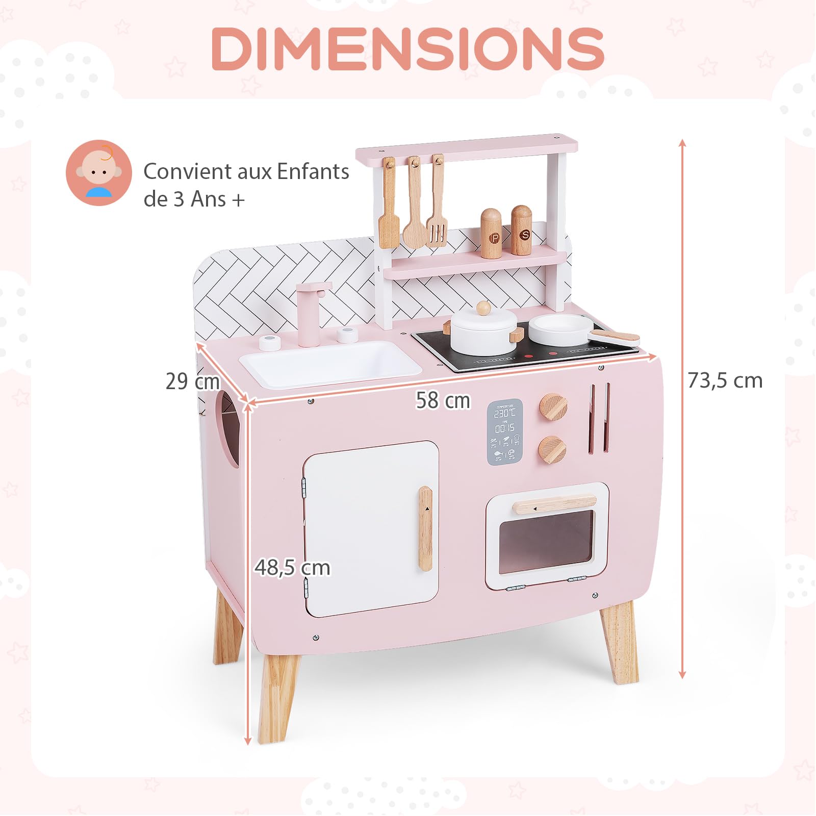 GOPLUS Cuisine Enfant, Cuisine en Bois Enfant avec Four, Cuisinière, Évier, Robinet et Ustensiles de Jeu, Jouet Montessori avec Armoire & Étagère, pour Garçons Filles 3+ Ans