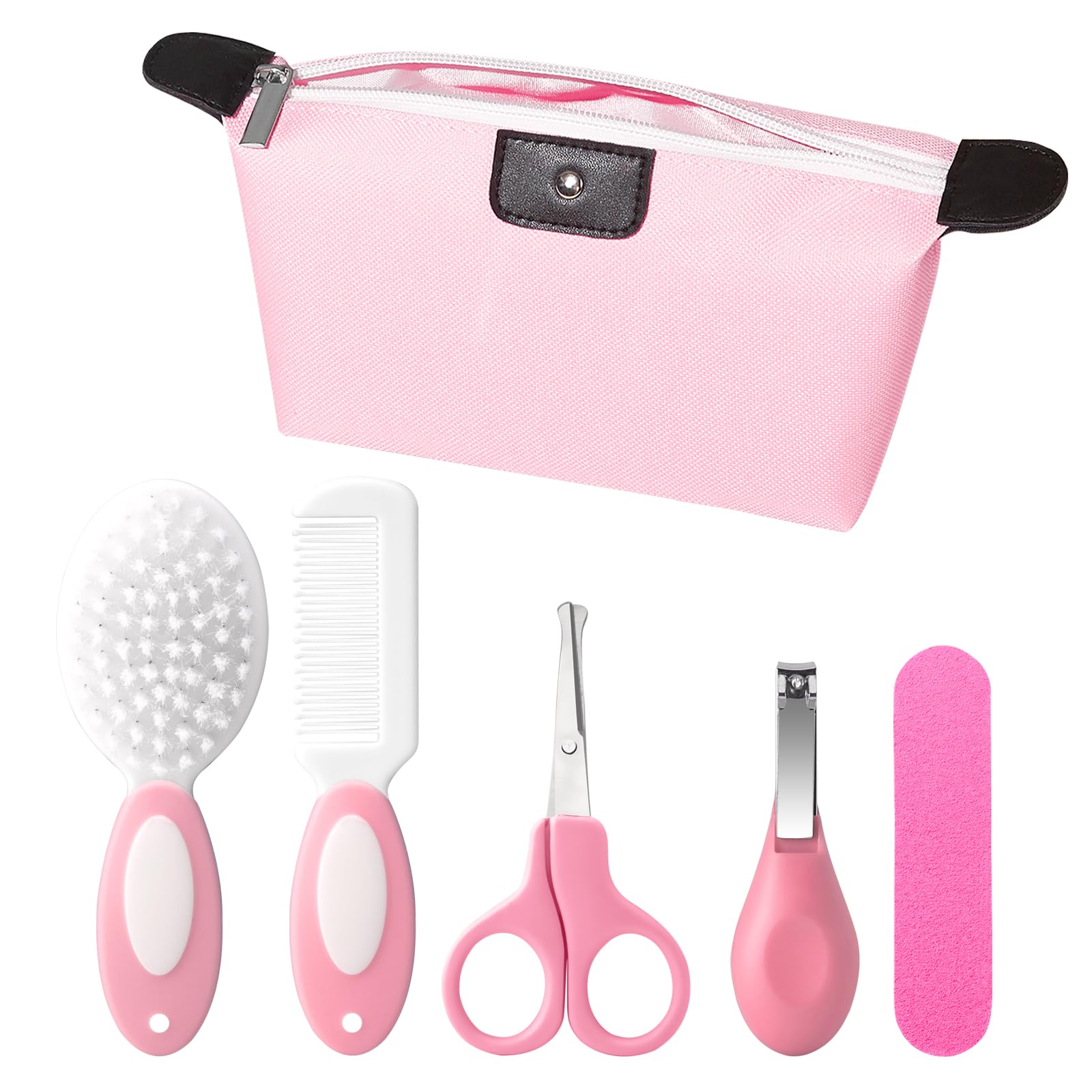 Bloomlet Baby - Kit de aseo para bebés de 5 piezas con bolsa de almacenamiento multiusos, cepillo para bebés, peine redondeado, tijeras, cortaúñas, lima de uñas, artículos esenciales para el cuidado de recién nacidos, viaje, color rosa