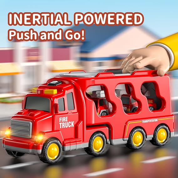 5-in-1 Fire Car Carrier Vehicle Set for Toddler 3-5 5-8