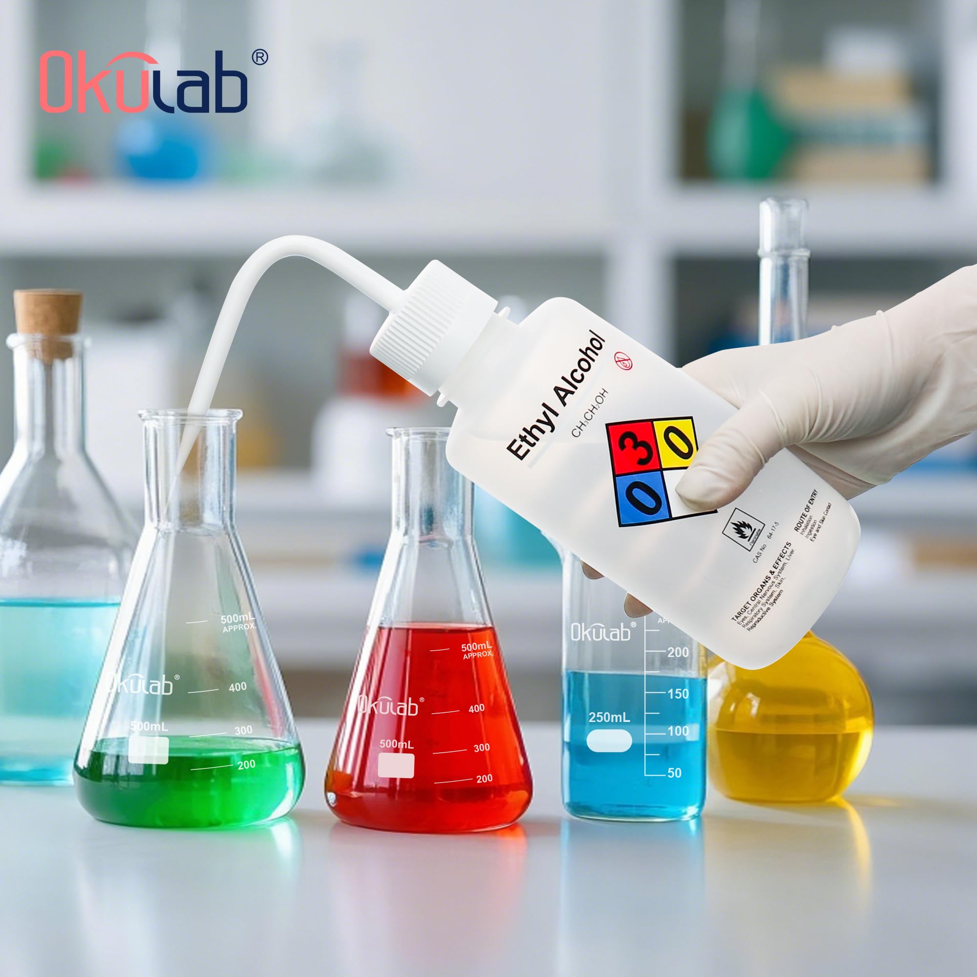6 botellas de lavado de agua de seguridad, vol.500 ml (17 onzas), botella de chorro de etilelcohol con boca estrecha para laboratorio WBE500A6