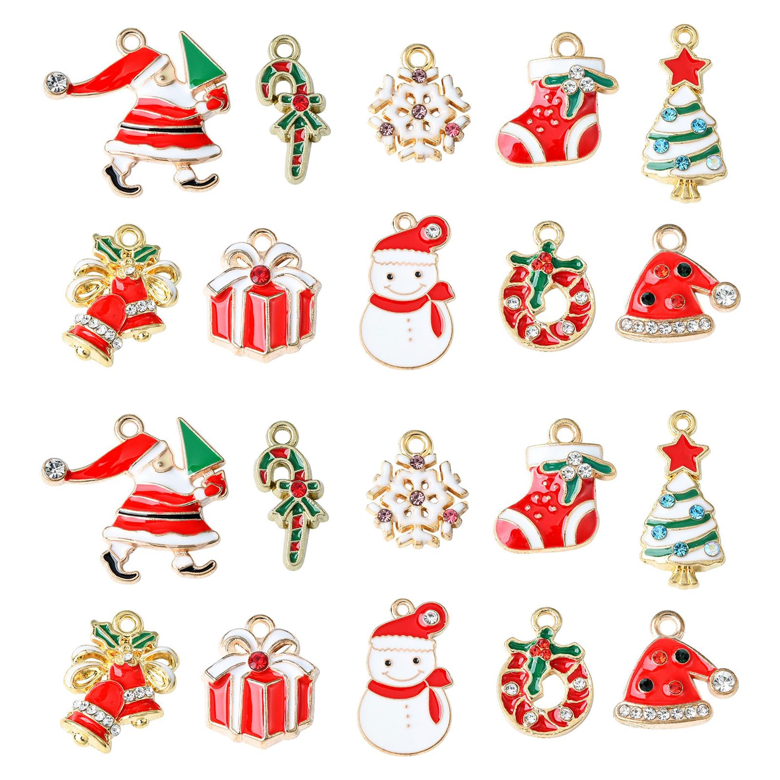 Stiesy 20Pcs 10 Styles Enamel Christmas Charms with Crystal Rhinestone Christmas Tree Bell Charms Snowman Santa Claus Charms for Jewelry Making Crafts