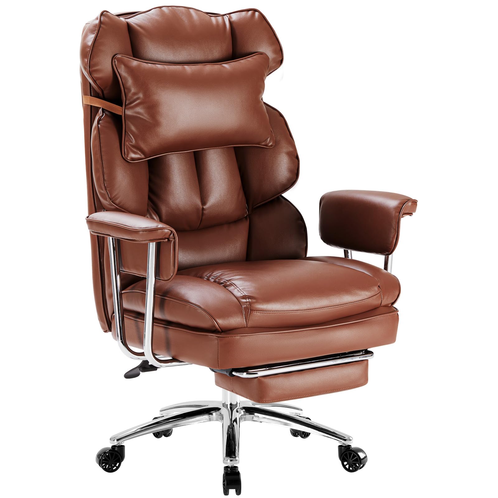 Sweetcrispy Executive Home Office Desk Chair - Ergonomic Big Tall High Back with Footrest & Lumbar Support, Reclining Height Adjustable, Comfy PU Leather Computer Gaming with Swivel Wheels, Brown