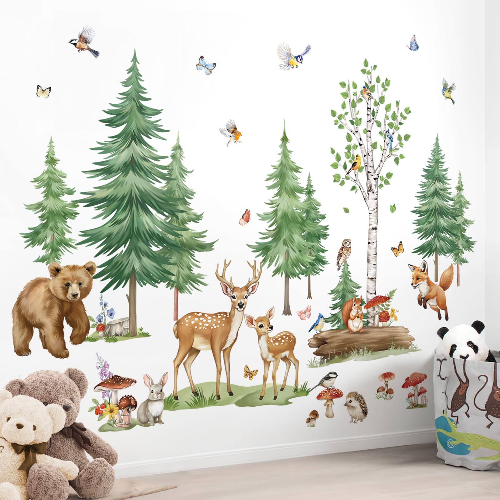 wondever Large Pine Tree Woodland Animals Wall Stickers Forest Birch Bear Deer Fox Peel and Stick Wall Art Decals for Baby Nursery Kids Bedroom - Image 2