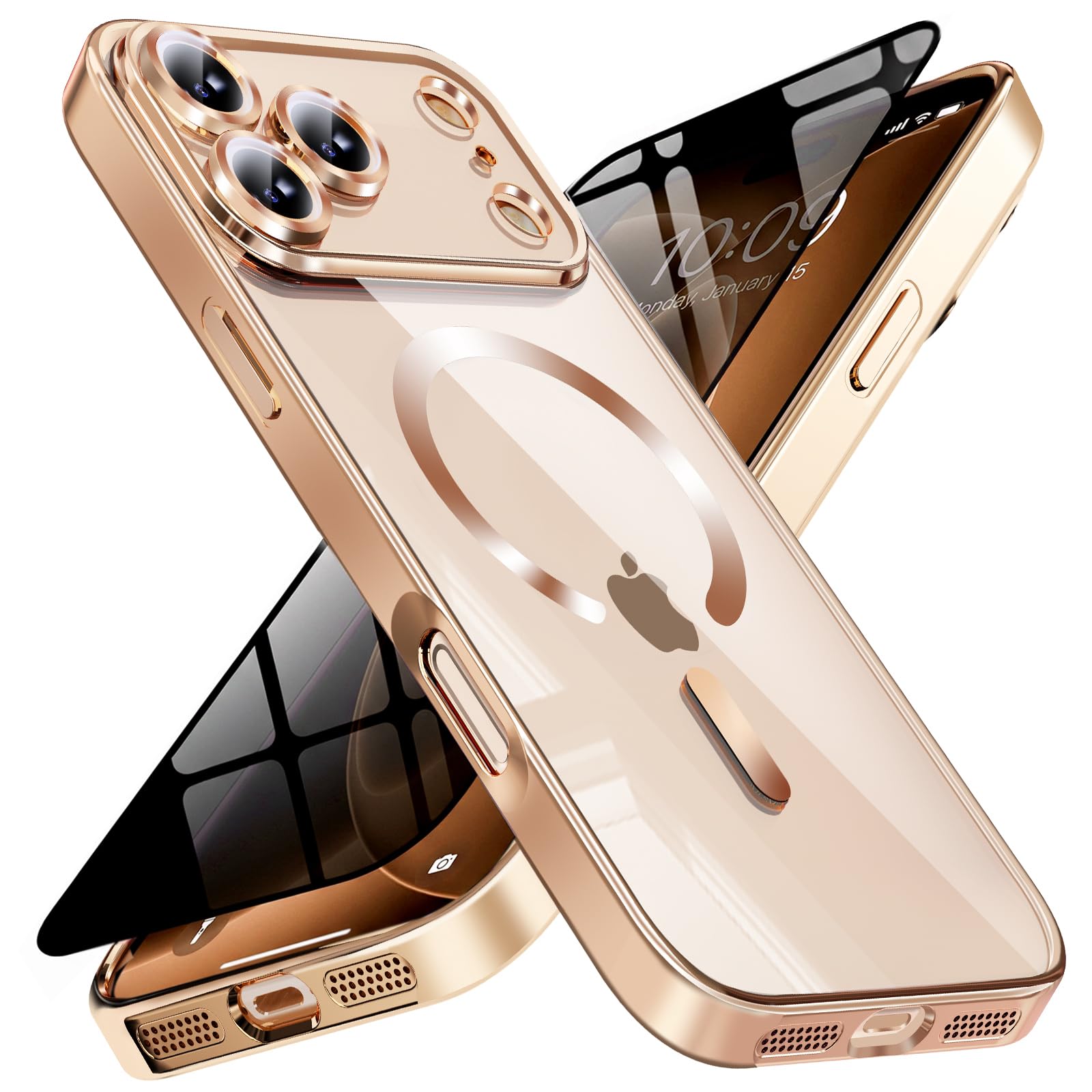 Magnetic for iPhone 18 Pro Case with Privacy Screen Protector &amp; Full Camera Cover,[Non-Yellowing] Shockproof Clear Phone Case Compatible with MagSafe Women Girls for iPhone18 Pro,Gold