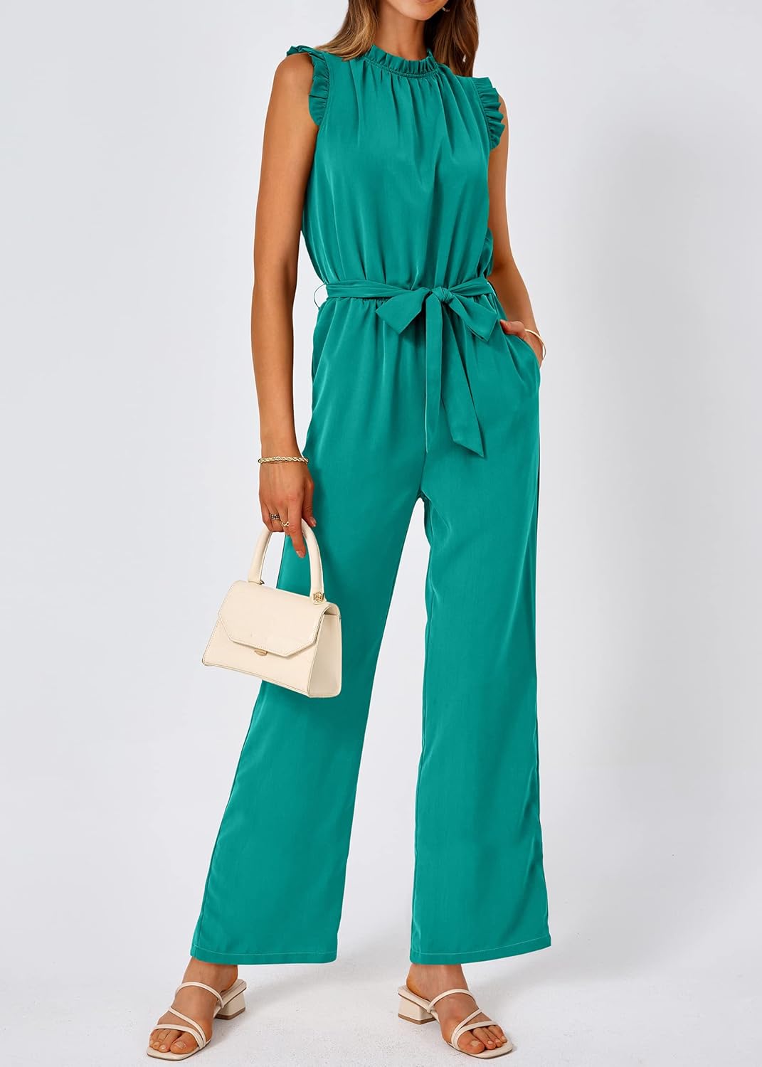 KIRUNDO Jumpsuits For Women Dressy Summer One Piece Sleeveless Ruffle Mock Neck Belt Pockets Formal Wide Leg Pants Romper - Image 5